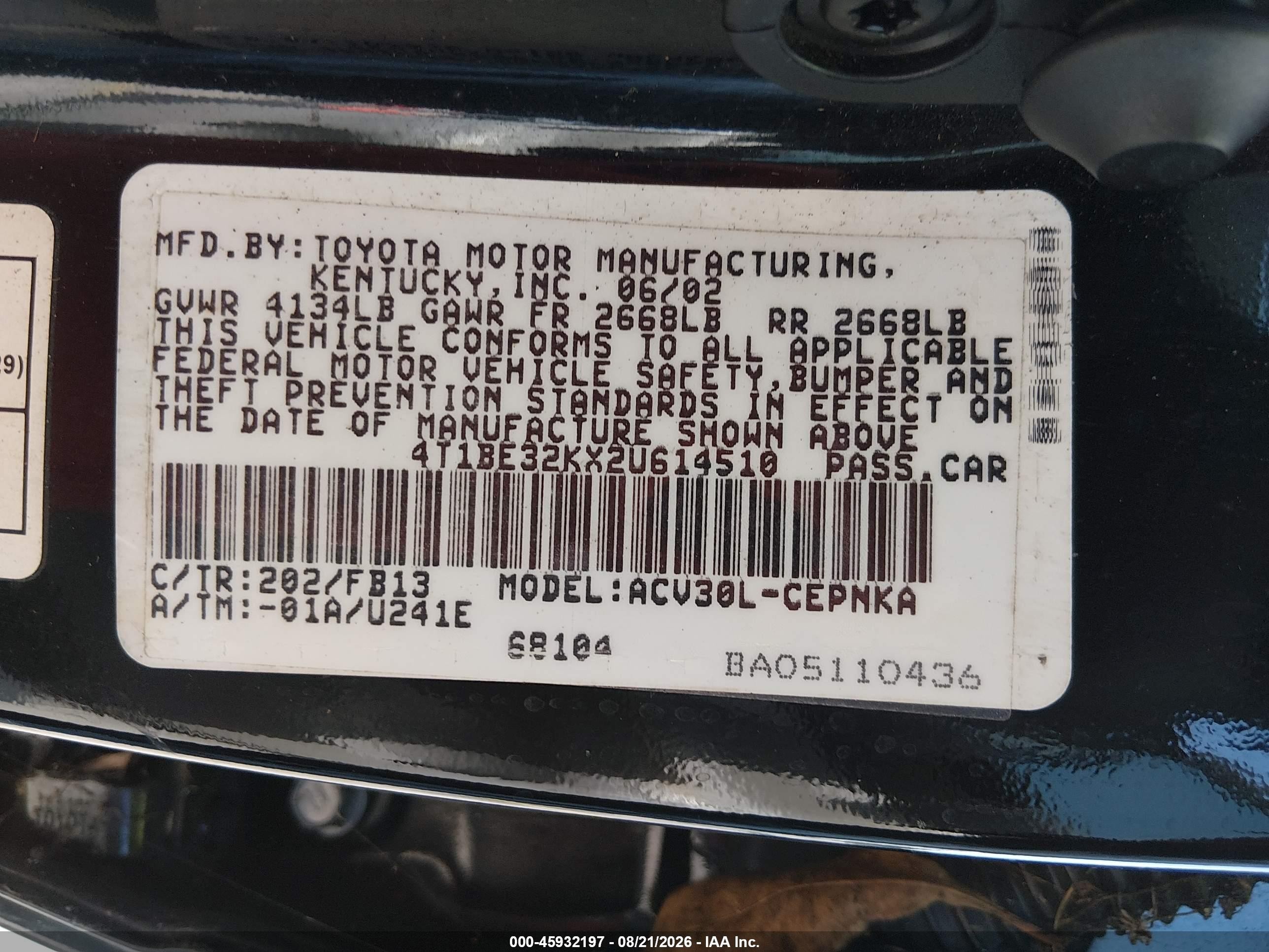 2002 Toyota Camry Le Black vin: 4T1BE32KX2U614510