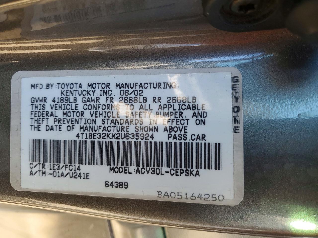 2002 Toyota Camry Se Gray vin: 4T1BE32KX2U635924