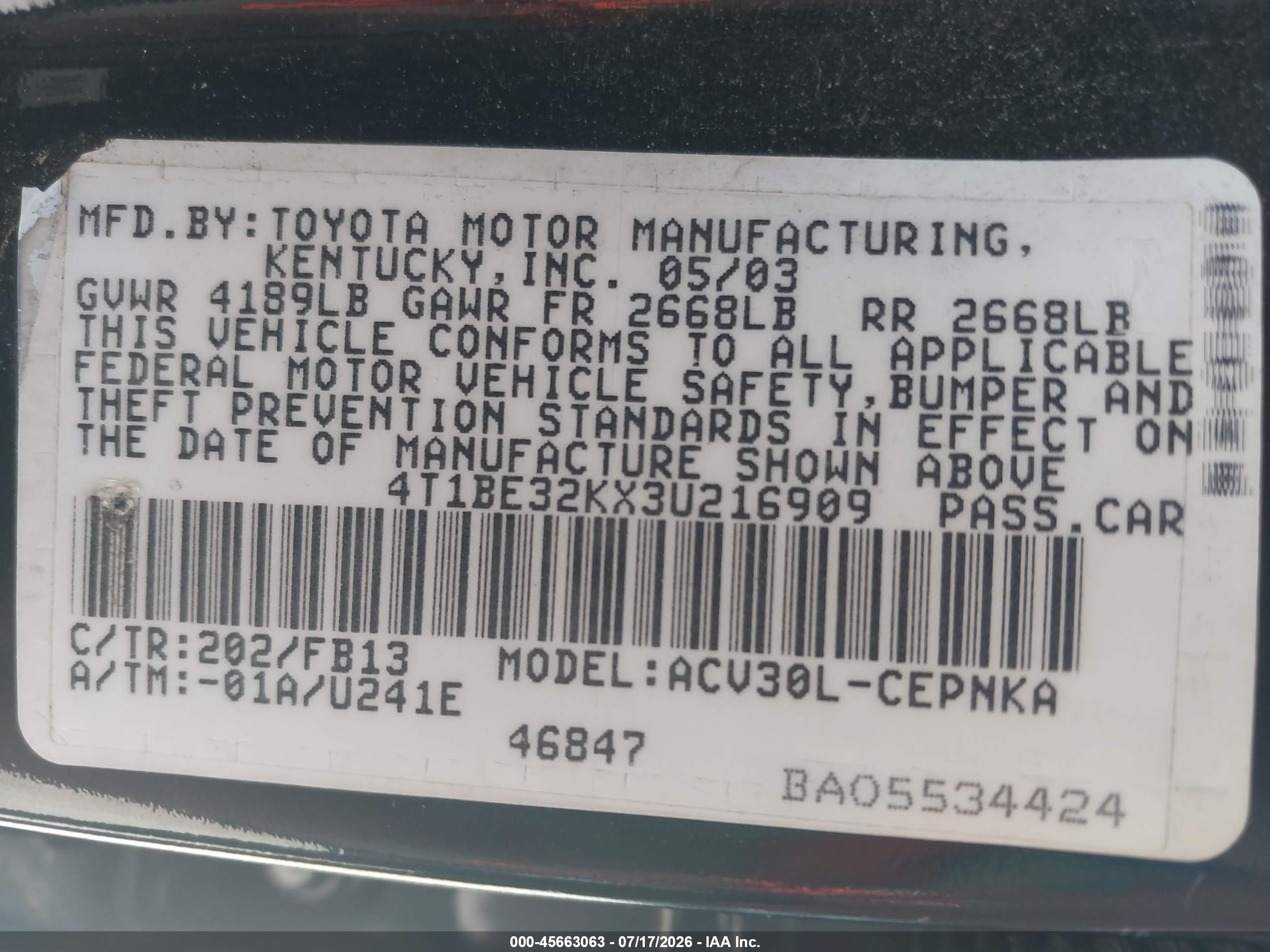 2003 Toyota Camry Le Black vin: 4T1BE32KX3U216909