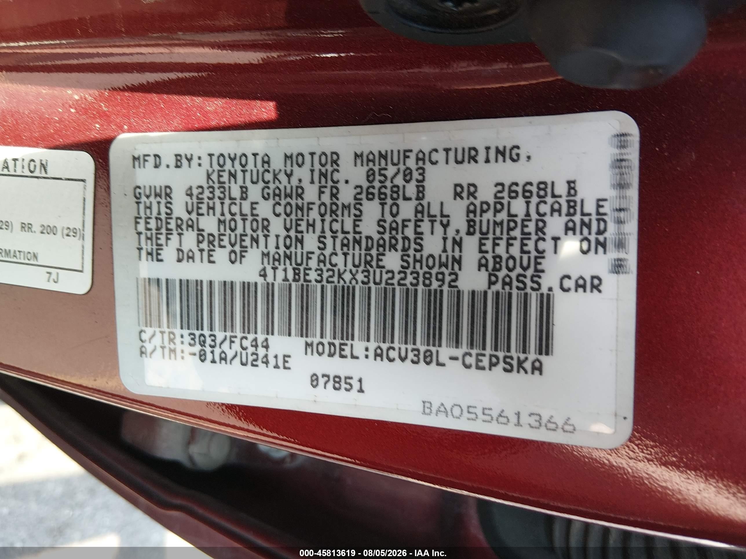 2003 Toyota Camry Se Red vin: 4T1BE32KX3U223892