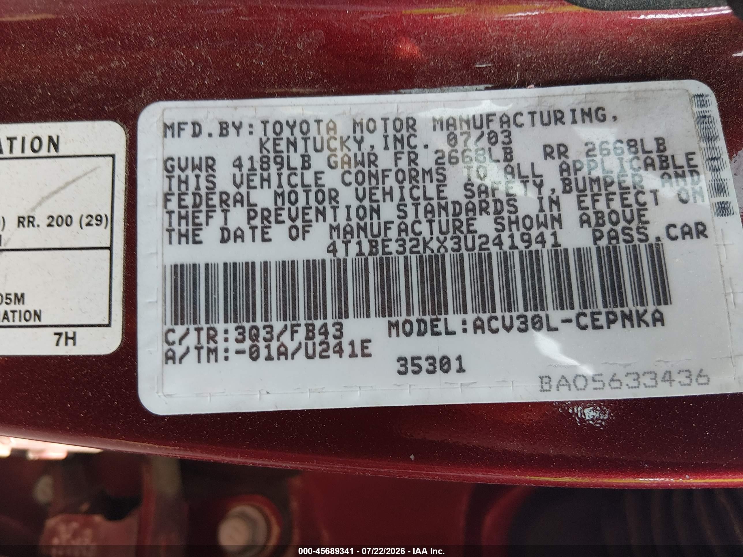 2003 Toyota Camry Le Red vin: 4T1BE32KX3U241941