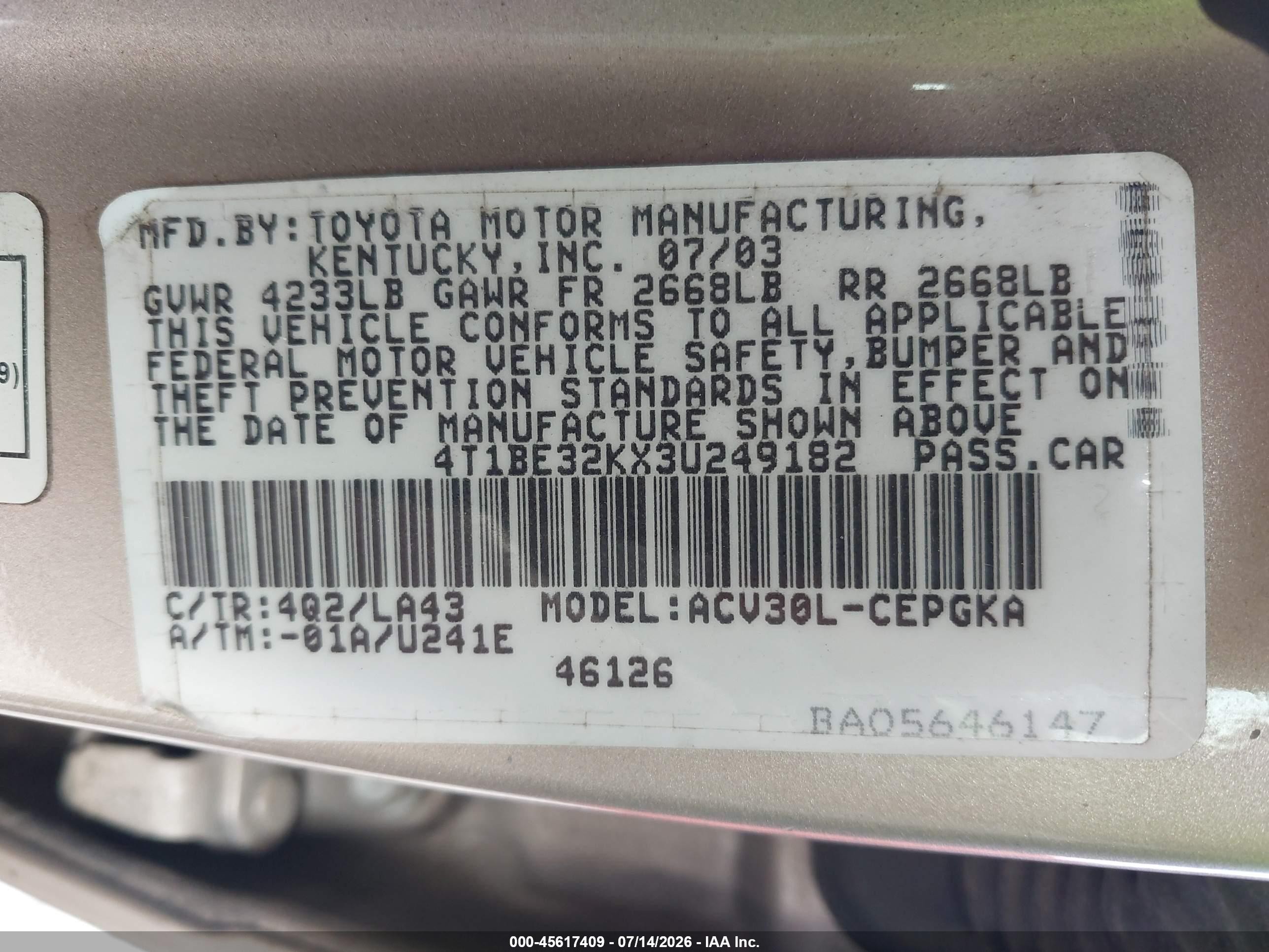 2003 Toyota Camry Xle Brown vin: 4T1BE32KX3U249182