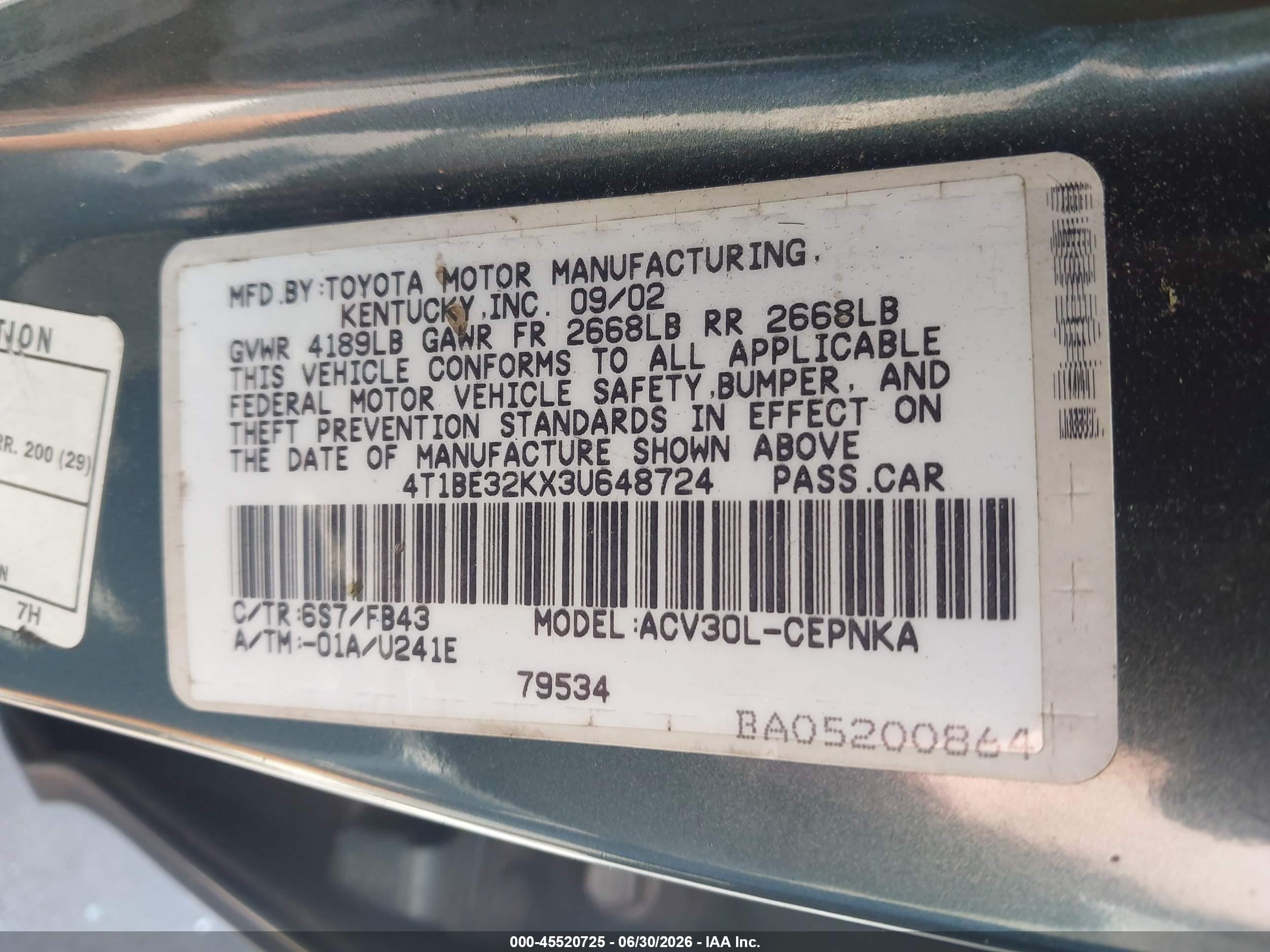 2003 Toyota Camry Le Green vin: 4T1BE32KX3U648724