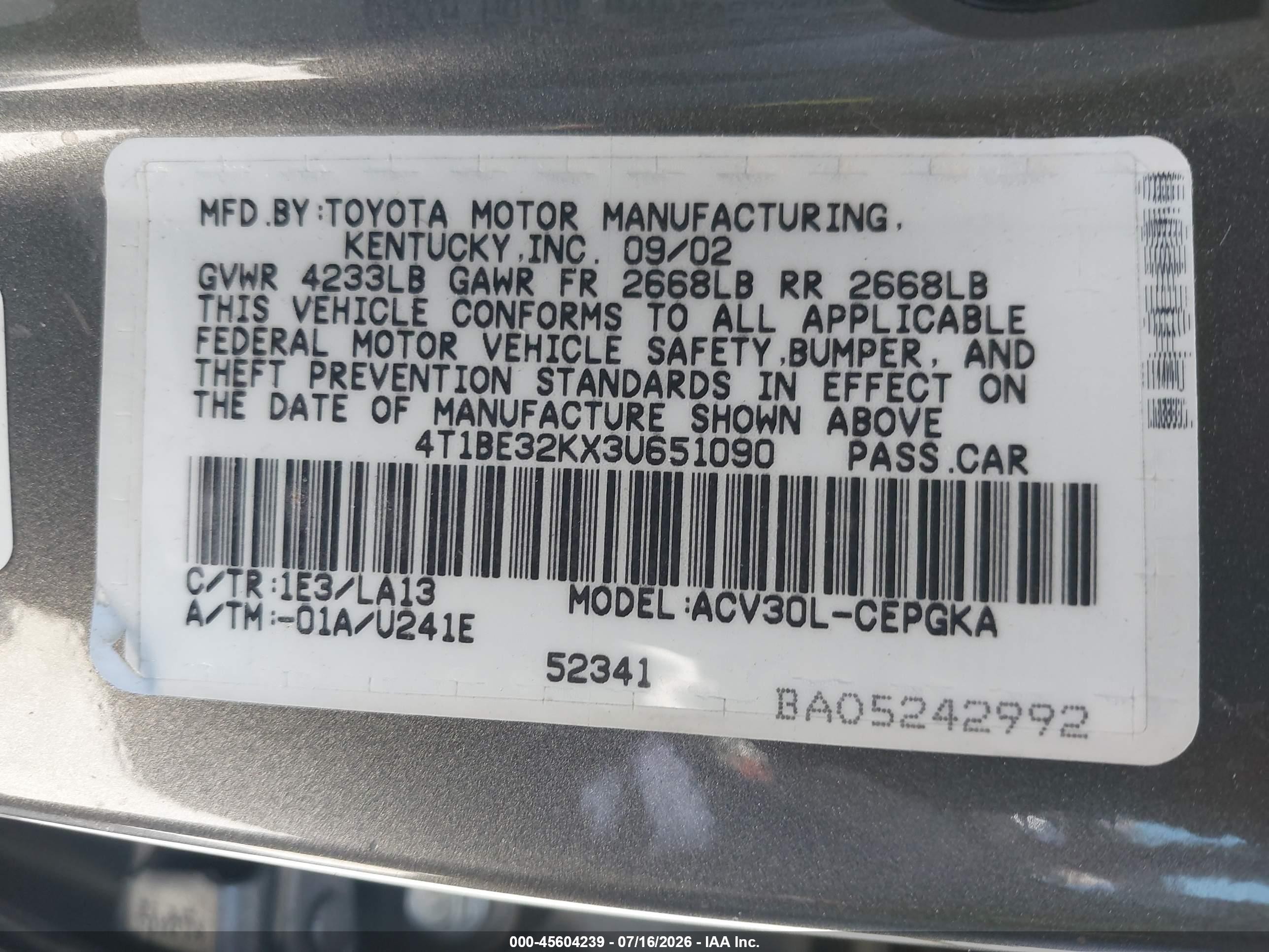 2003 Toyota Camry Xle Gray vin: 4T1BE32KX3U651090