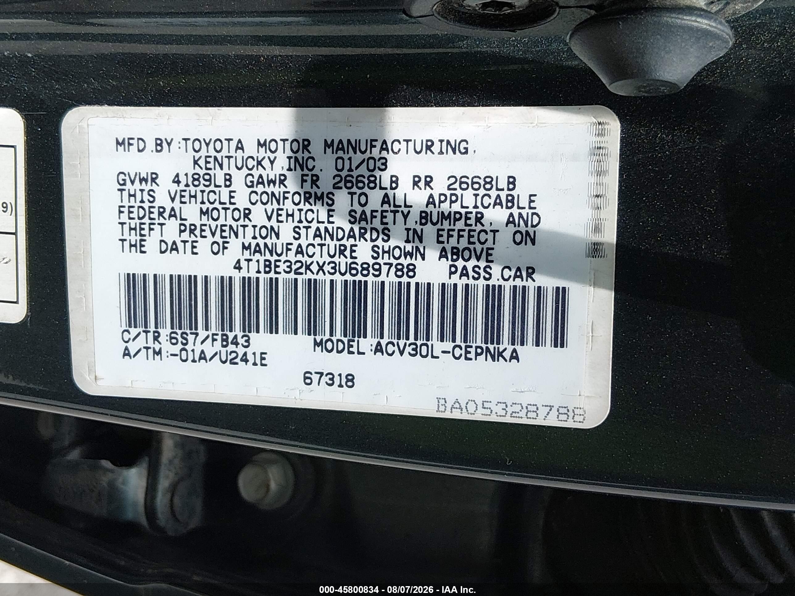 2003 Toyota Camry Le Green vin: 4T1BE32KX3U689788