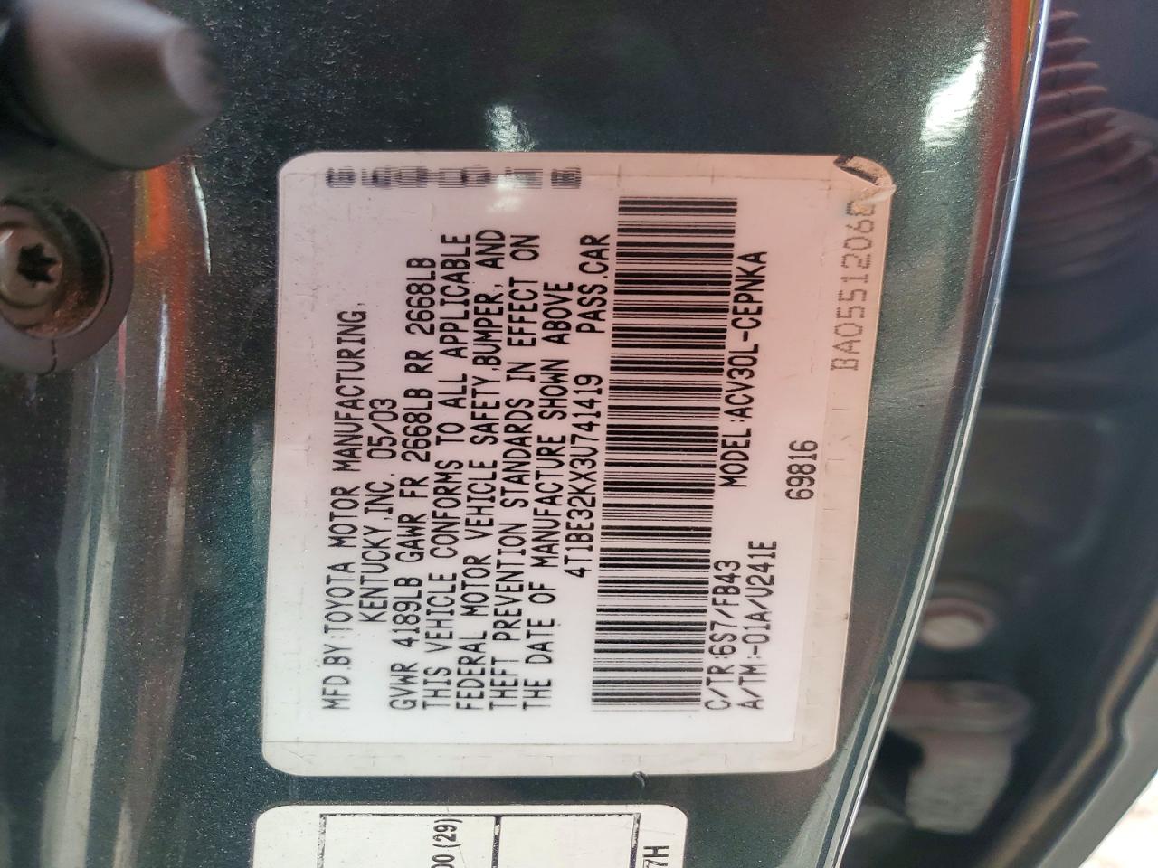 2003 Toyota Camry Le Зеленый vin: 4T1BE32KX3U741419