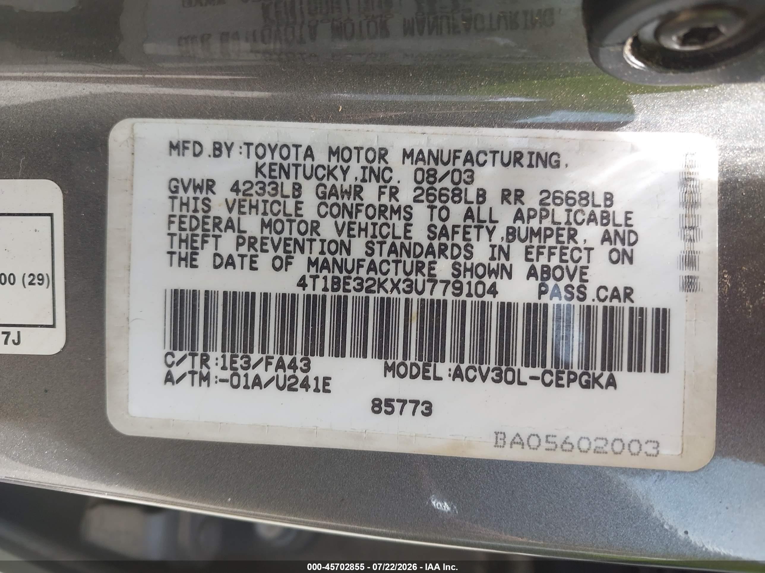 2003 Toyota Camry Xle Beige vin: 4T1BE32KX3U779104
