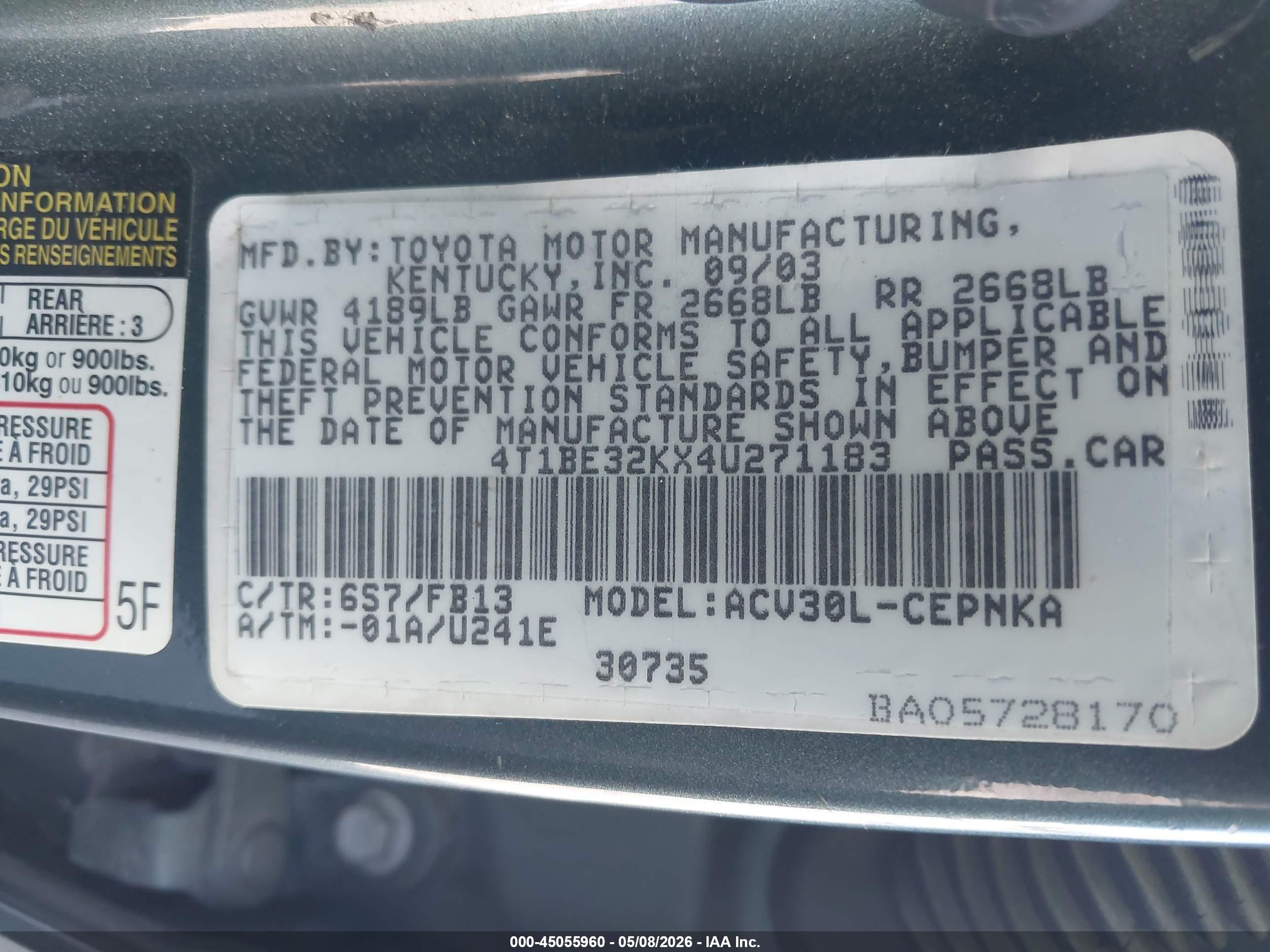 2004 Toyota Camry Le Зеленый vin: 4T1BE32KX4U271183