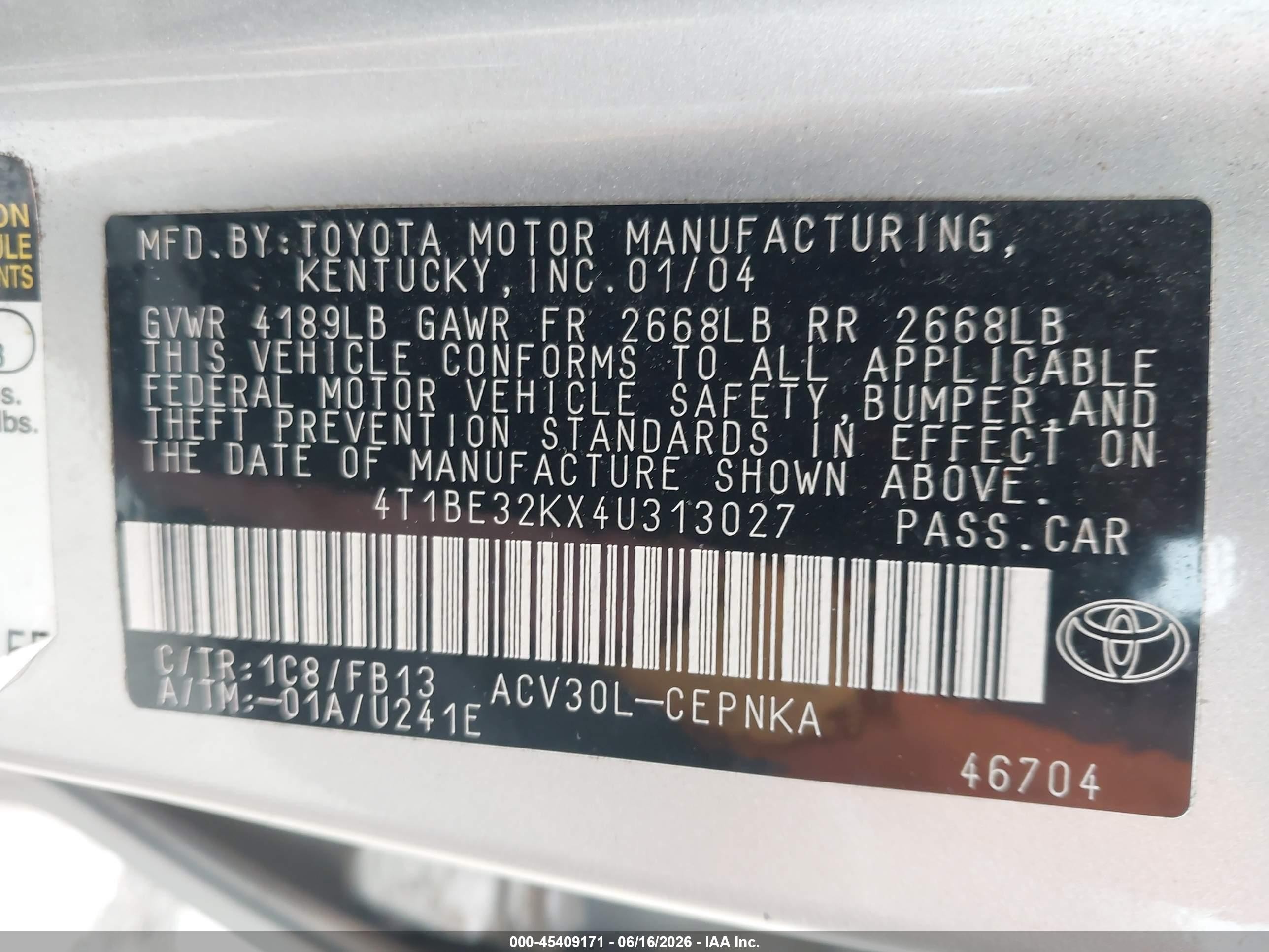 2004 Toyota Camry Le Серебряный vin: 4T1BE32KX4U313027