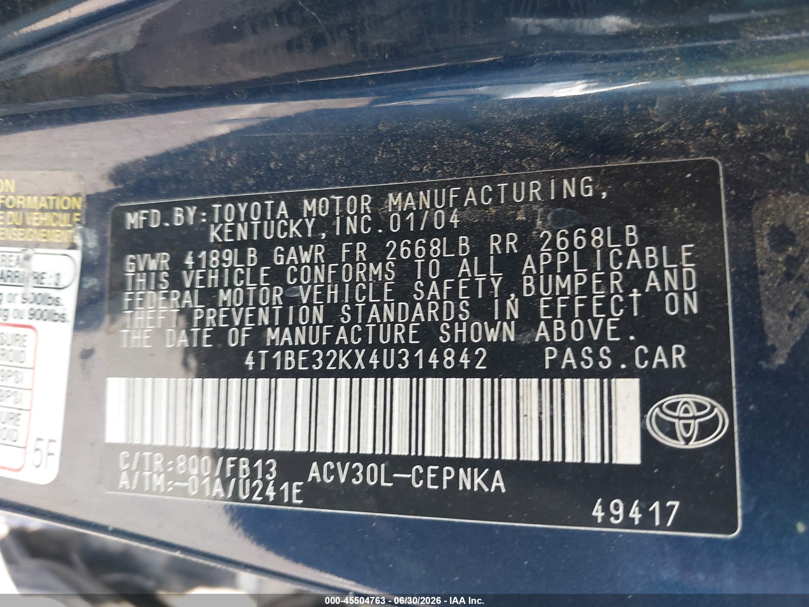 2004 Toyota Camry Le Blue vin: 4T1BE32KX4U314842