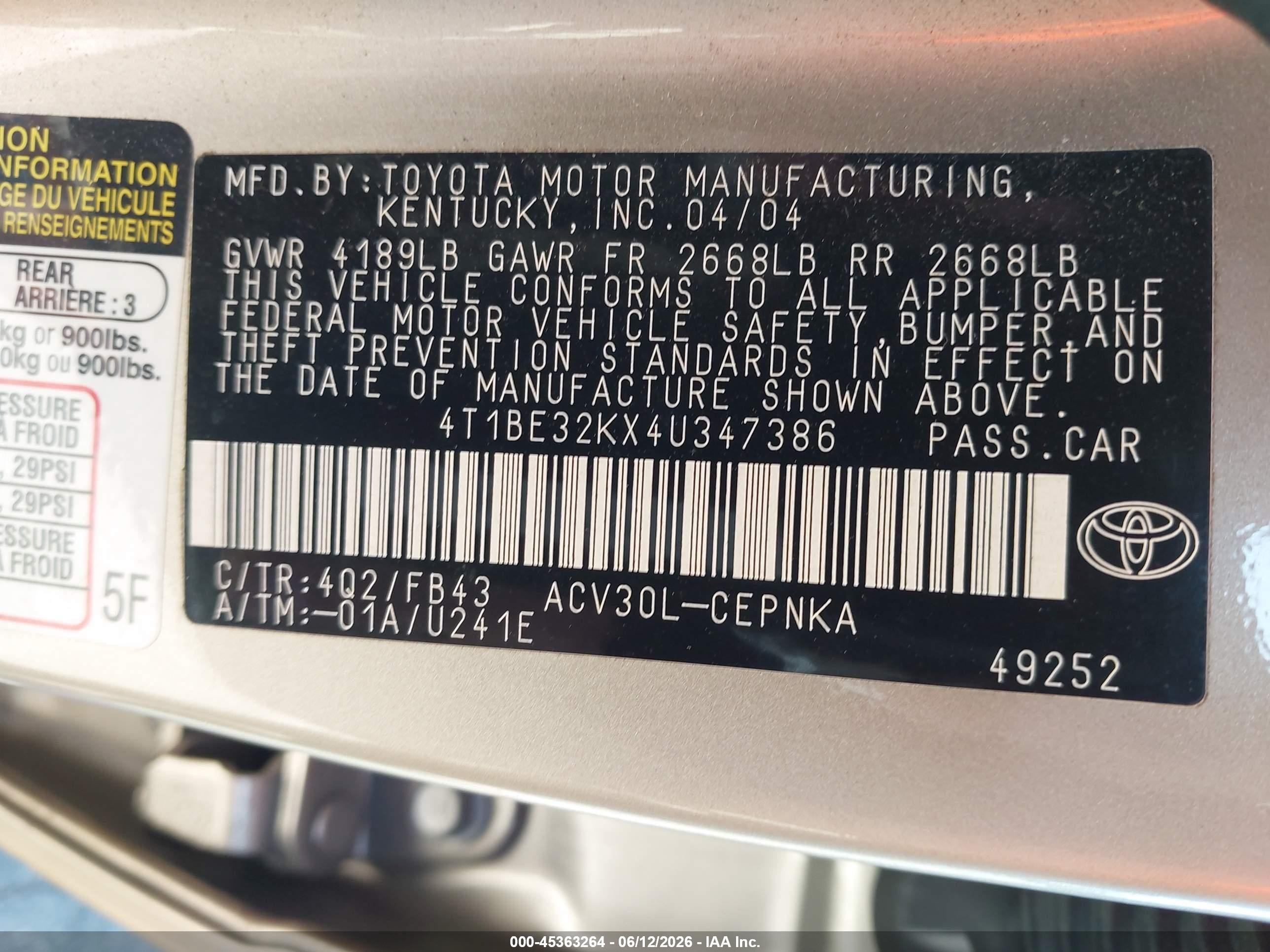 2004 Toyota Camry Le Бежевый vin: 4T1BE32KX4U347386