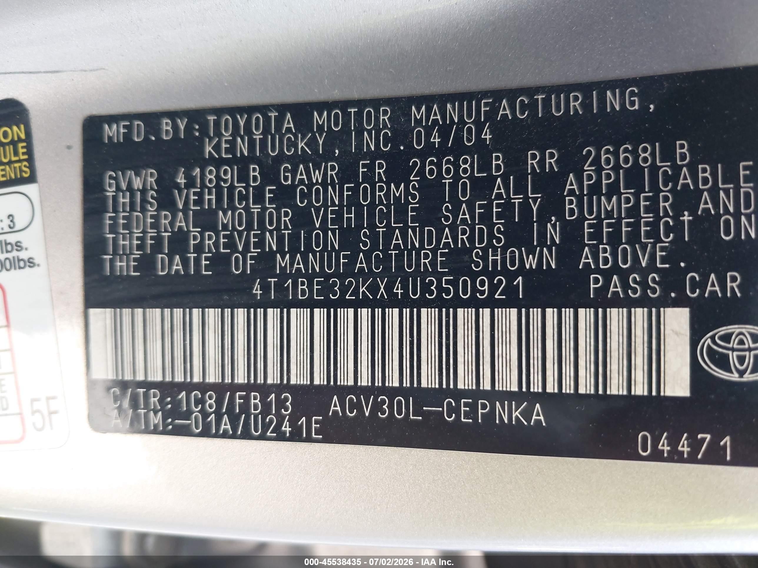 2004 Toyota Camry Le Silver vin: 4T1BE32KX4U350921