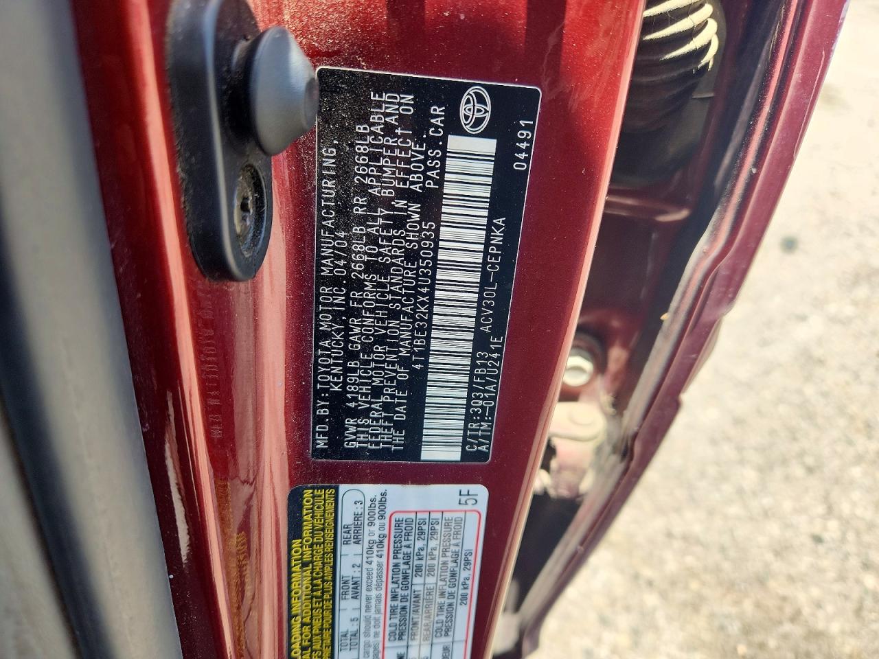 2004 Toyota Camry Le Burgundy vin: 4T1BE32KX4U350935