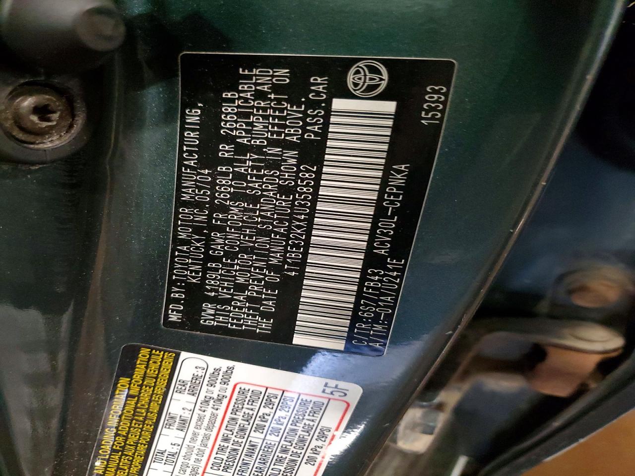 2004 Toyota Camry Le Green vin: 4T1BE32KX4U358582