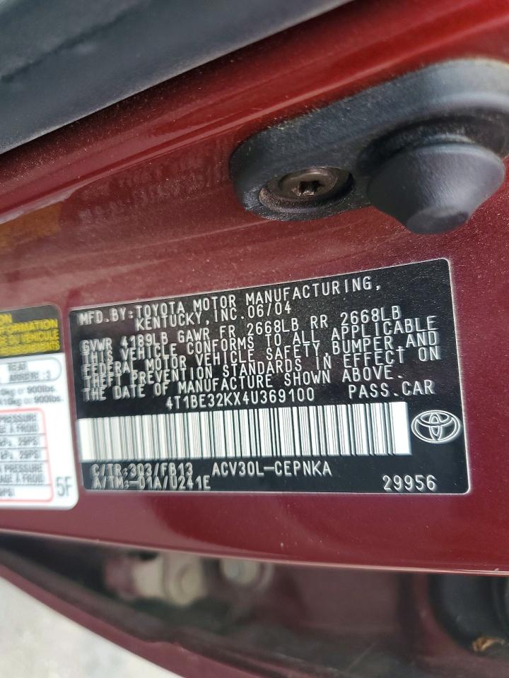2004 Toyota Camry Le Бордовый vin: 4T1BE32KX4U369100