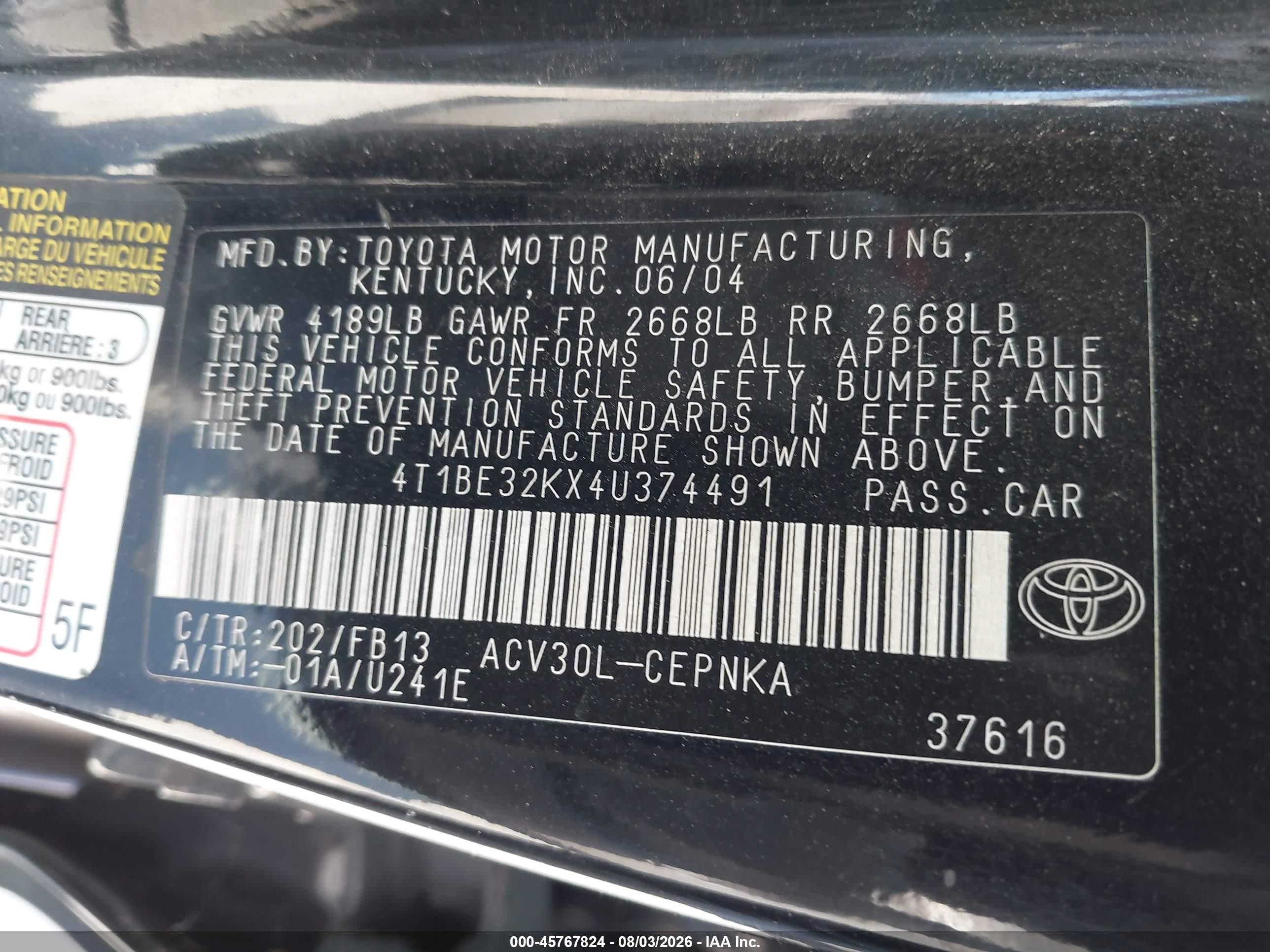 2004 Toyota Camry Le Black vin: 4T1BE32KX4U374491