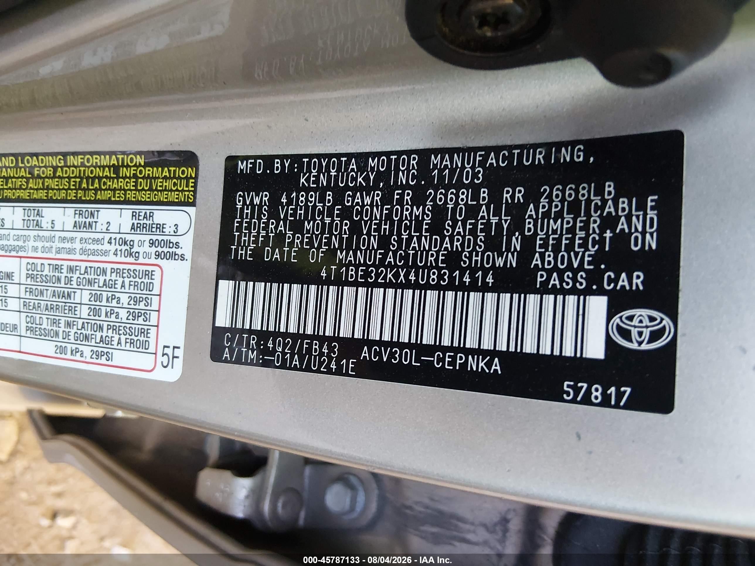 2004 Toyota Camry Le Золотой vin: 4T1BE32KX4U831414