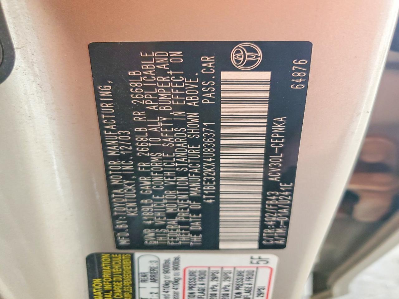 2004 Toyota Camry Le Золотой vin: 4T1BE32KX4U836371