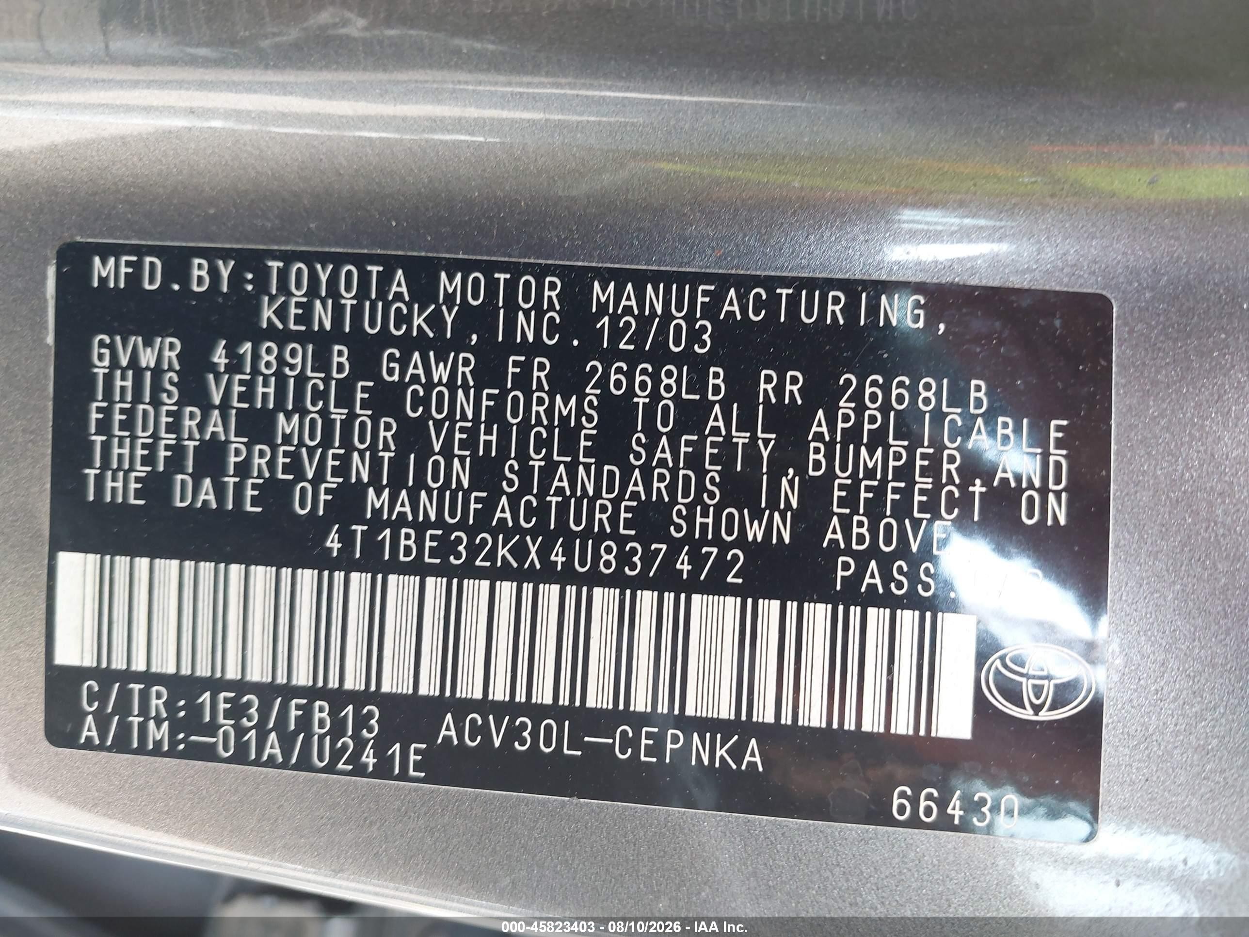2004 Toyota Camry Le Золотой vin: 4T1BE32KX4U837472