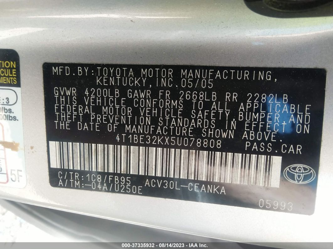 2005 Toyota Camry Std/le/se/xle Silver vin: 4T1BE32KX5U078808