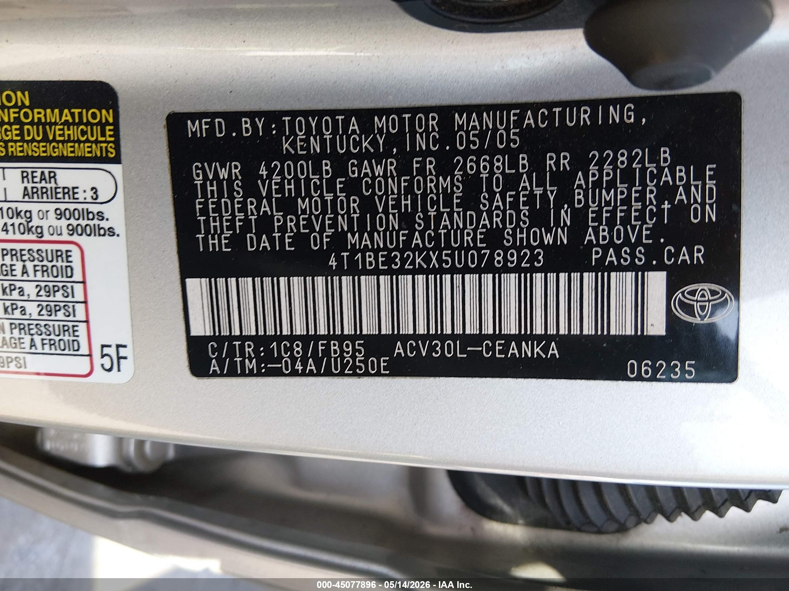 2005 Toyota Camry Le Серебряный vin: 4T1BE32KX5U078923