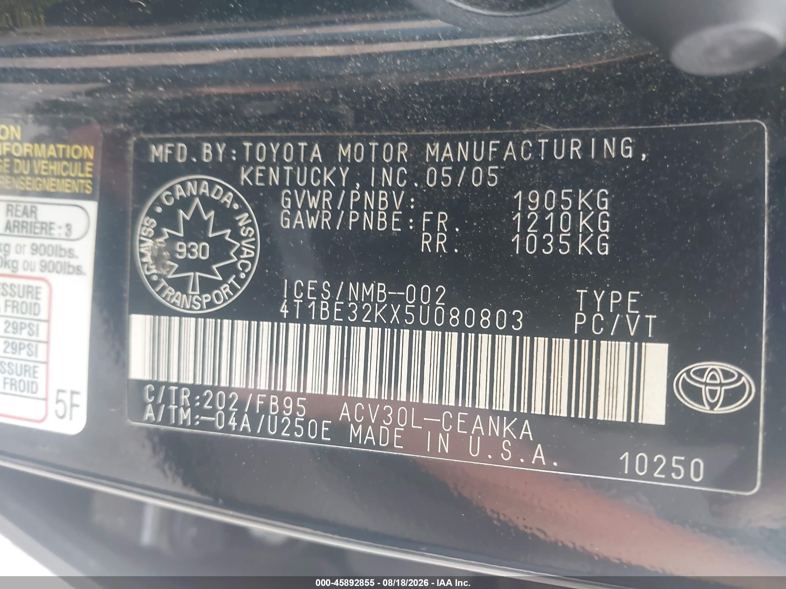 2005 Toyota Camry Le/se Black vin: 4T1BE32KX5U080803