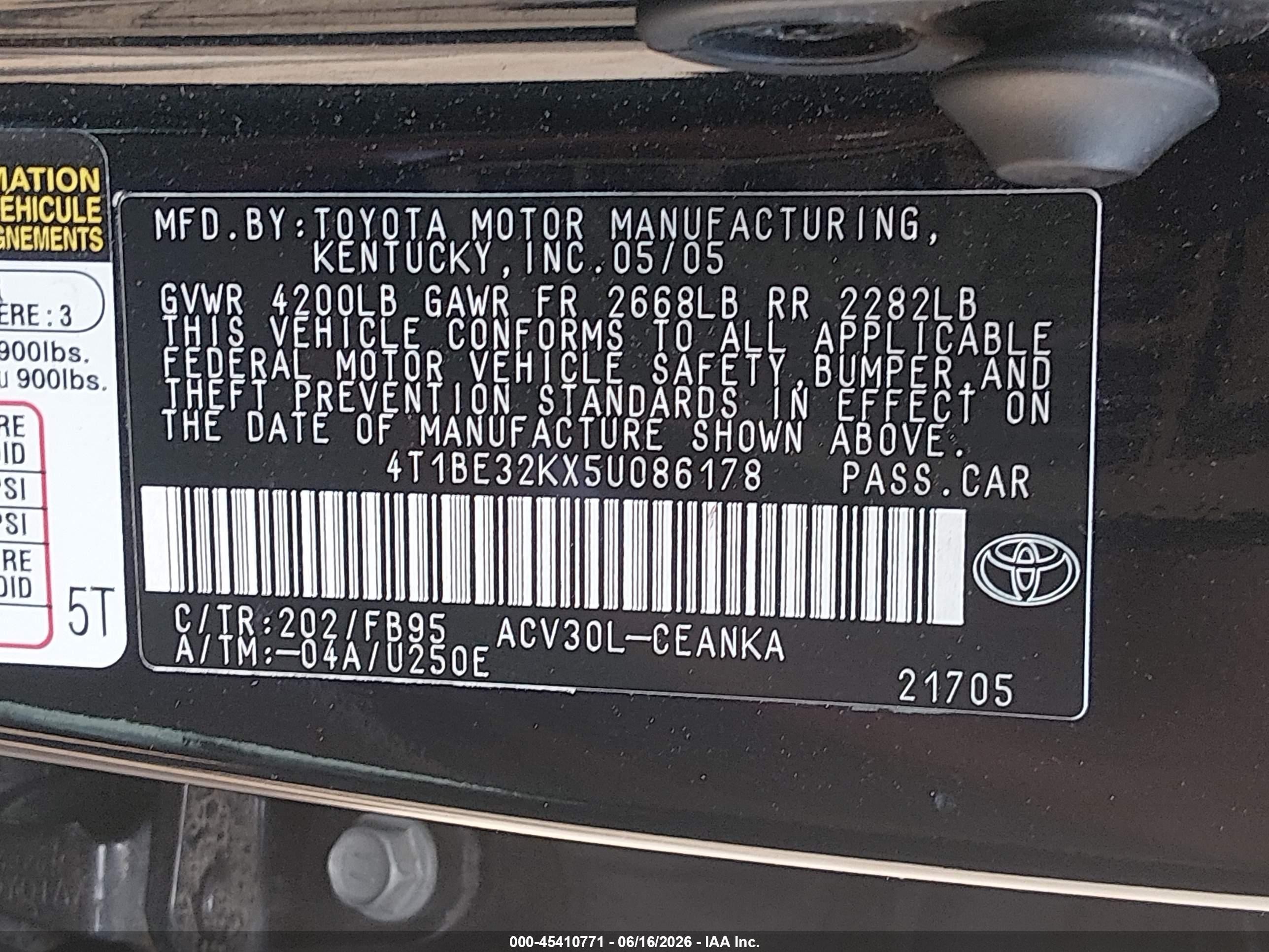 2005 Toyota Camry Std Black vin: 4T1BE32KX5U086178