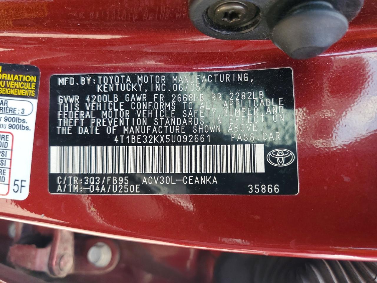 2005 Toyota Camry Red vin: 4T1BE32KX5U092661