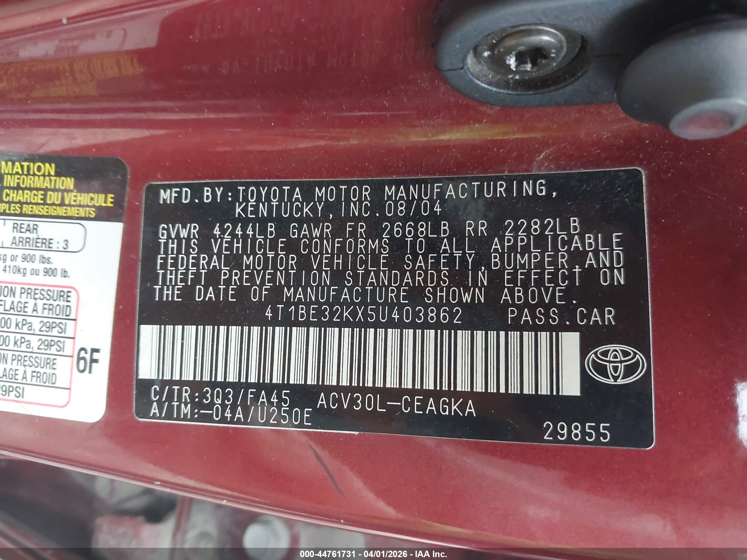 2005 Toyota Camry Xle Red vin: 4T1BE32KX5U403862
