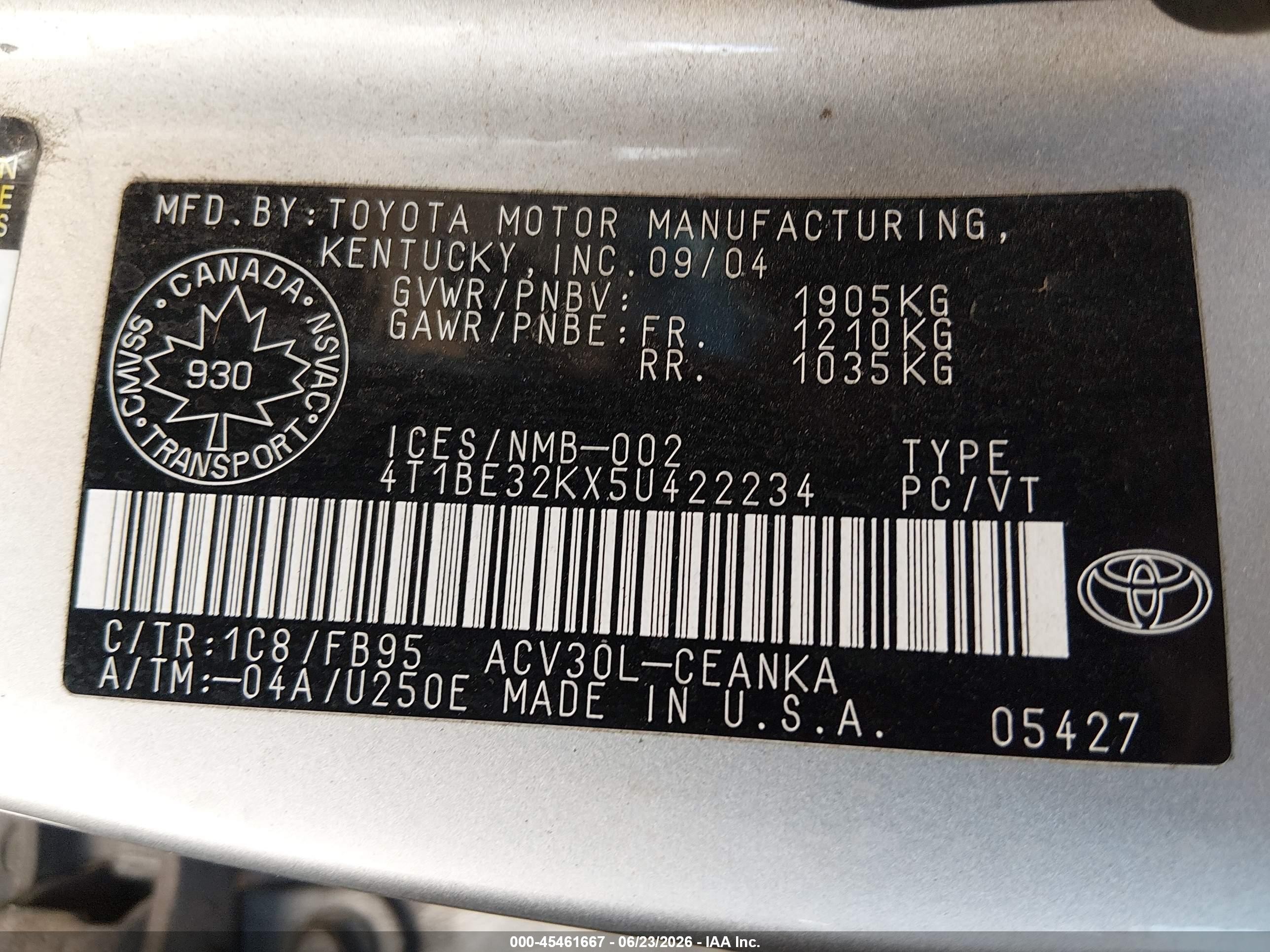 2005 Toyota Camry Le/se/std/xle Silver vin: 4T1BE32KX5U422234