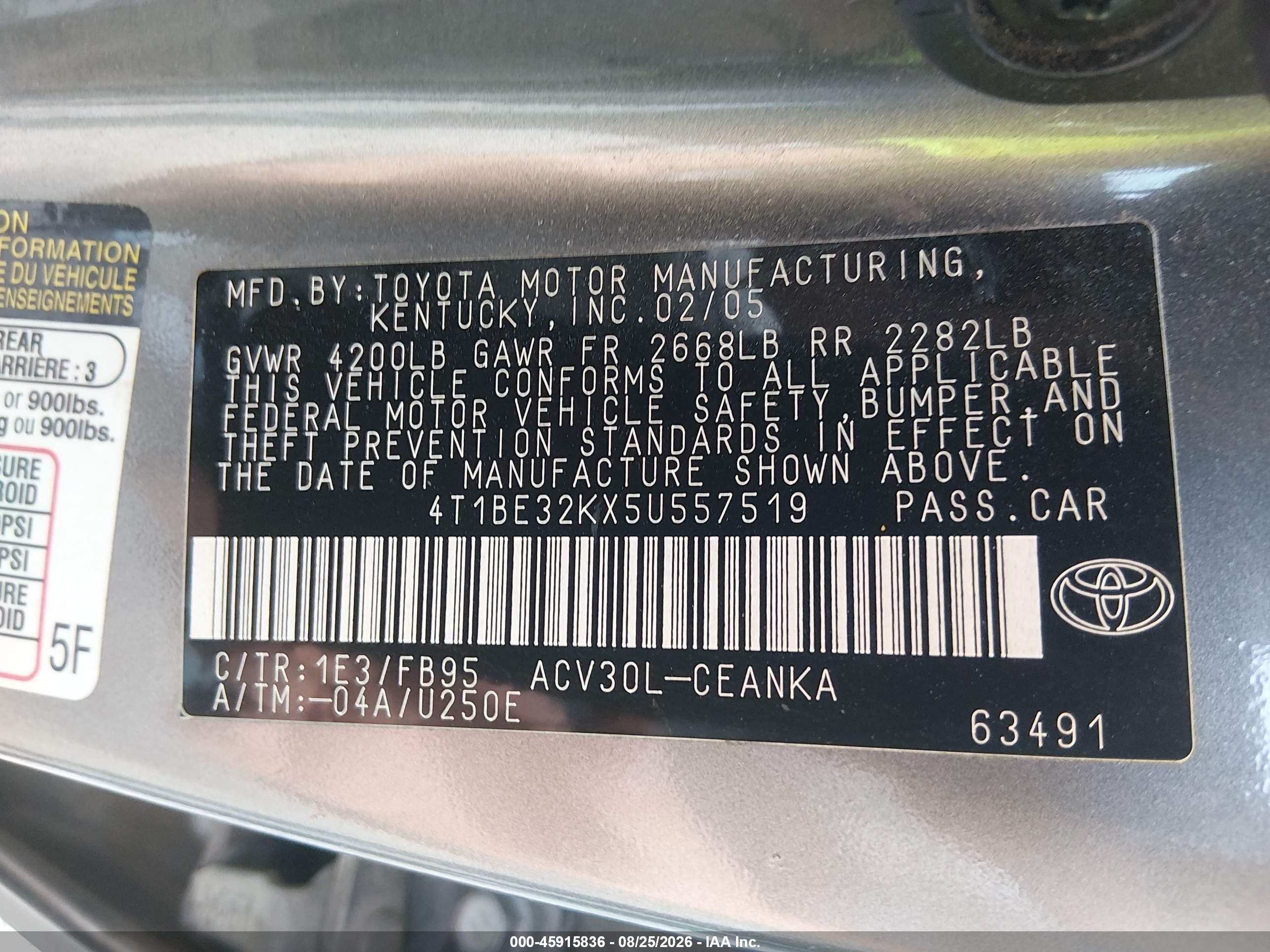 2005 Toyota Camry Le Gray vin: 4T1BE32KX5U557519