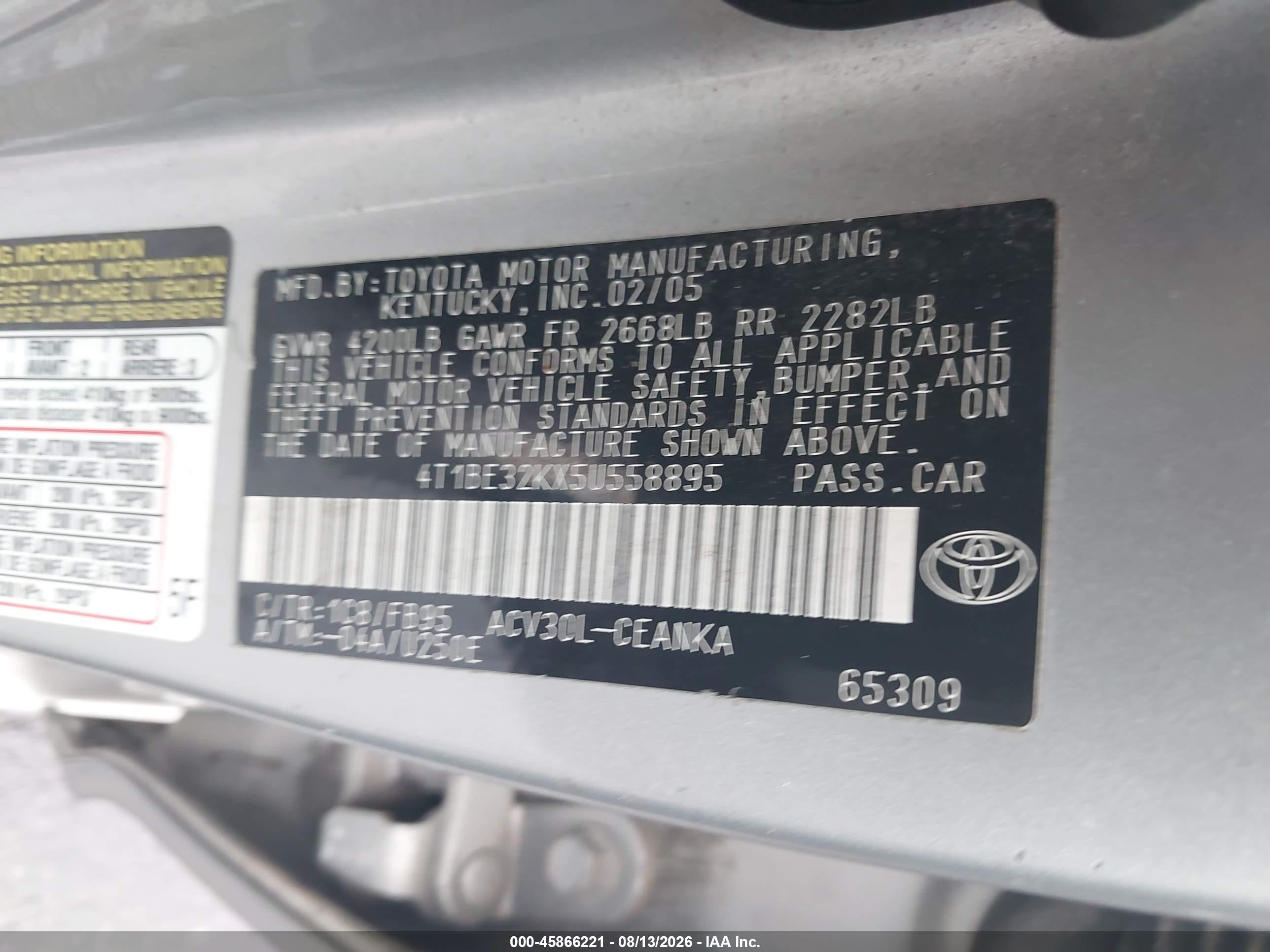 2005 Toyota Camry Le Silver vin: 4T1BE32KX5U558895