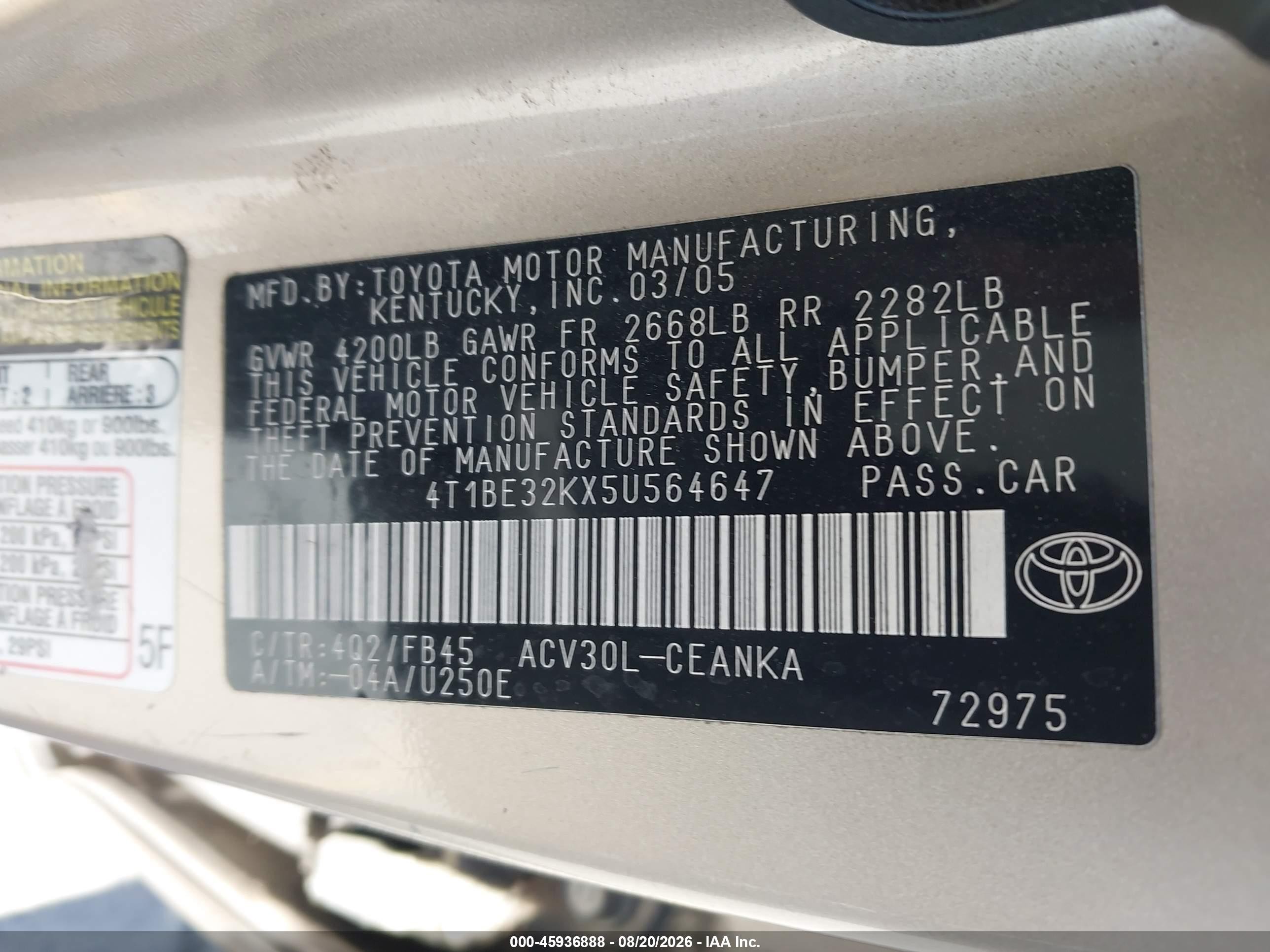 2005 Toyota Camry Le Champagne vin: 4T1BE32KX5U564647