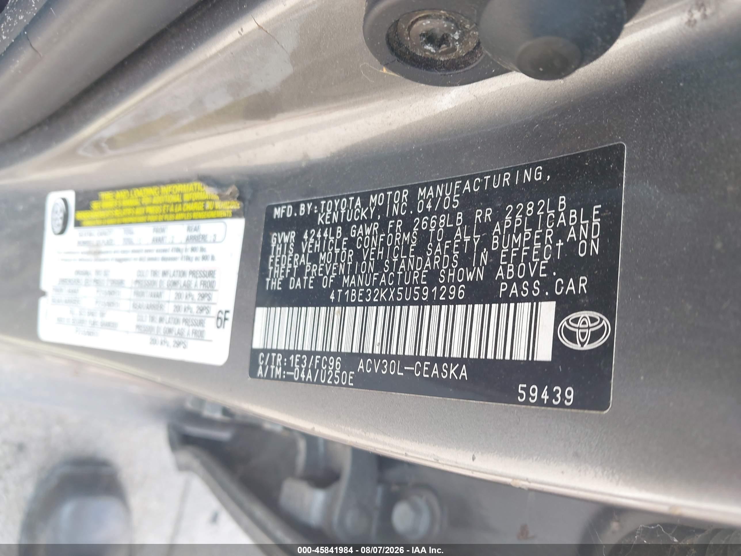 2005 Toyota Camry Se Серый vin: 4T1BE32KX5U591296