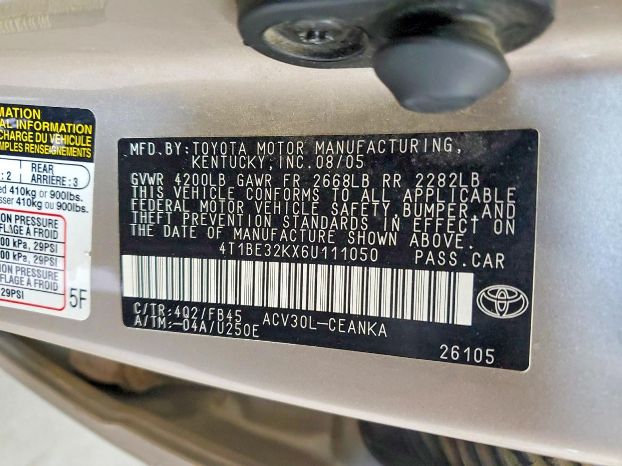 2007 Toyota Camry Beige vin: 4T1BE32KX6U111050