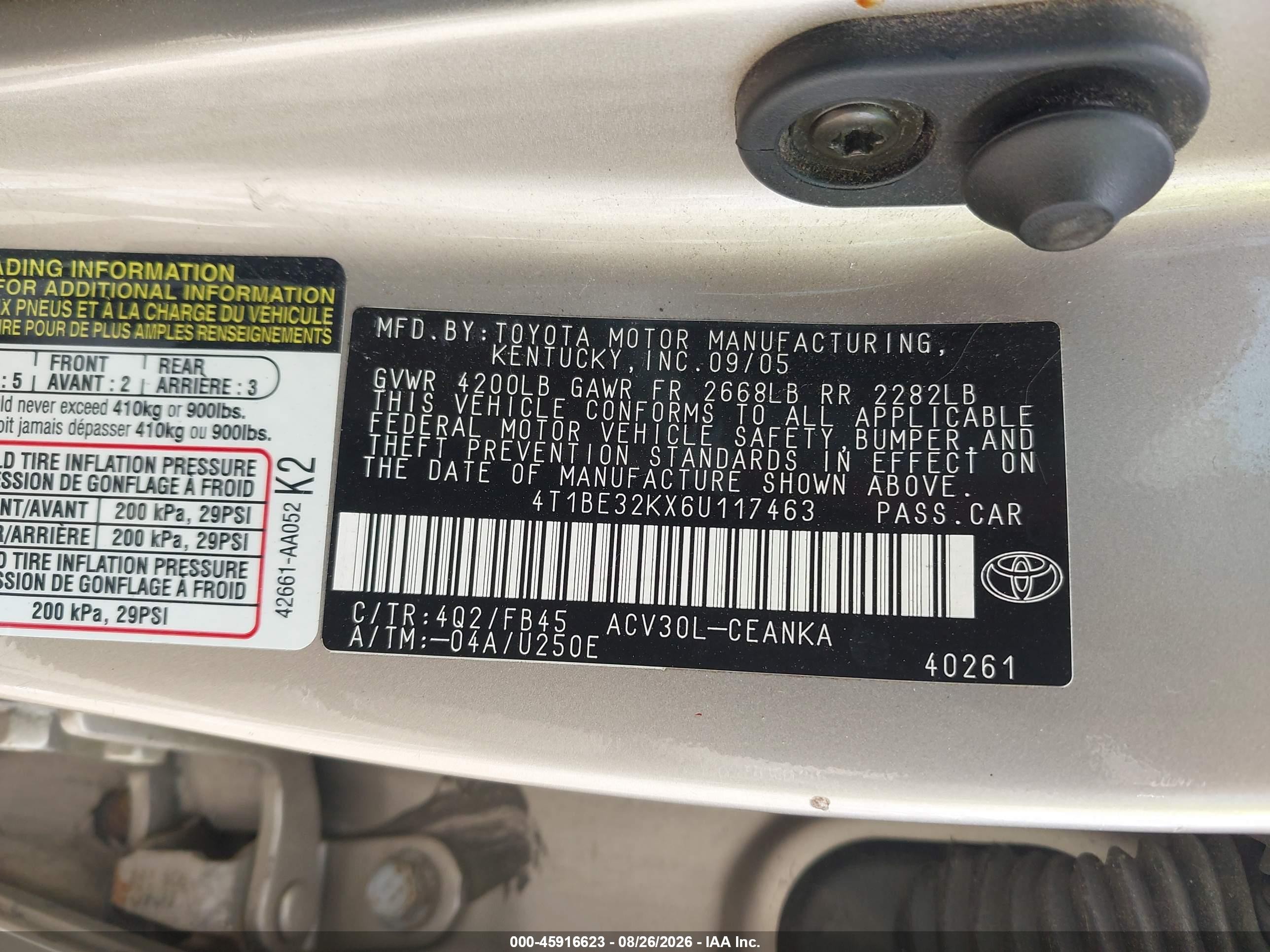 2006 Toyota Camry Le Champagne vin: 4T1BE32KX6U117463