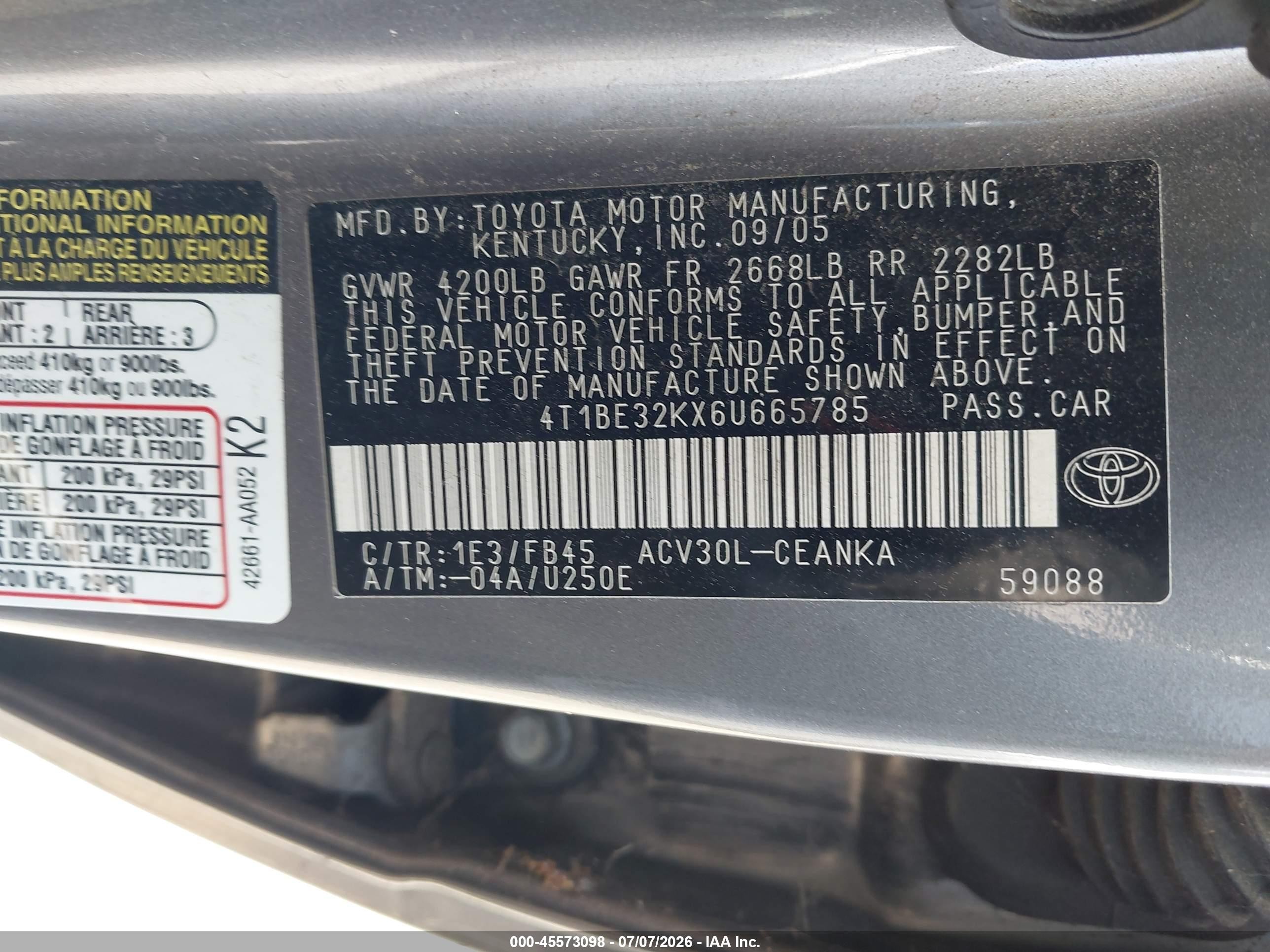 2006 Toyota Camry Le Gray vin: 4T1BE32KX6U665785