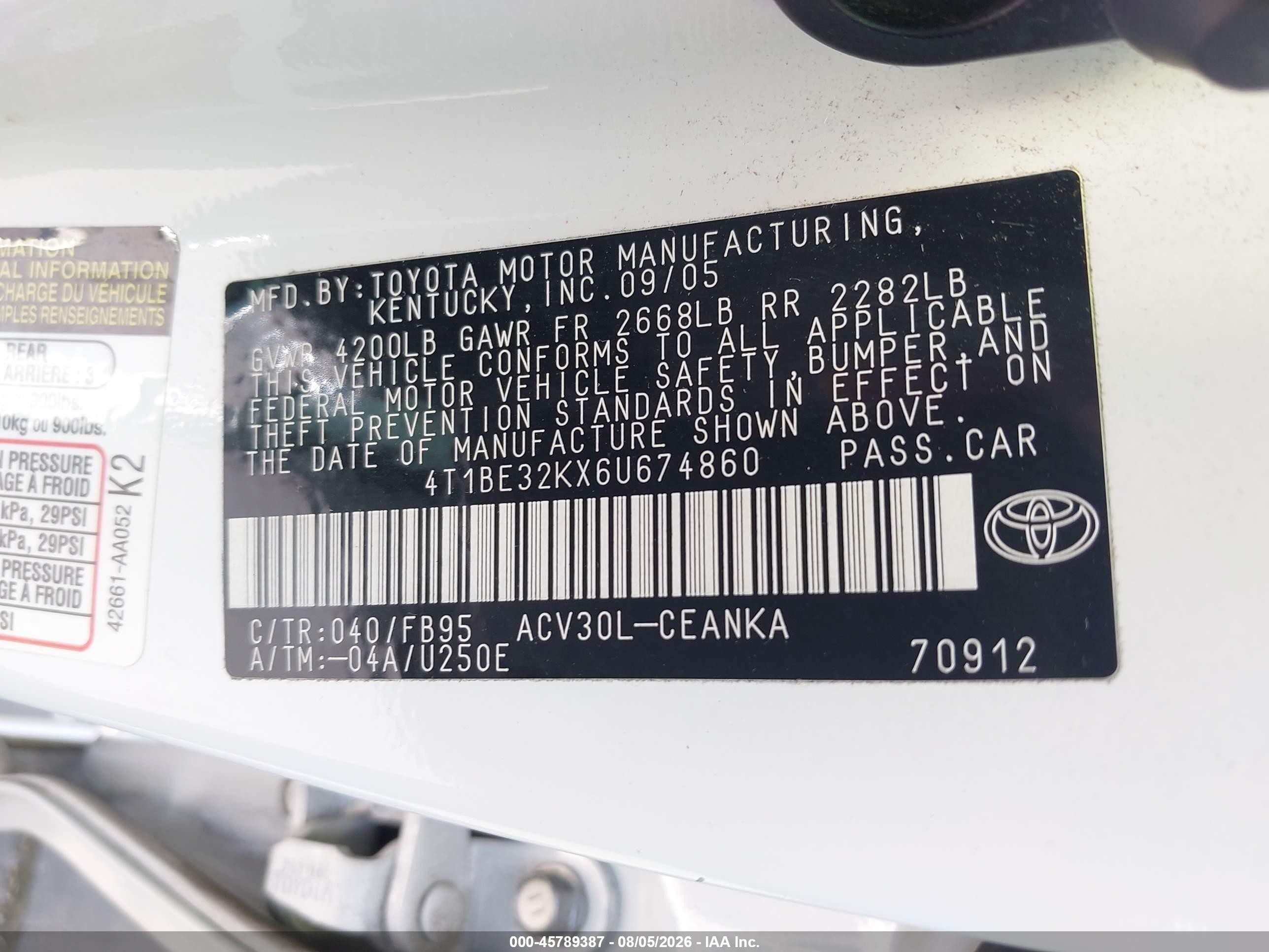 2006 Toyota Camry Le White vin: 4T1BE32KX6U674860