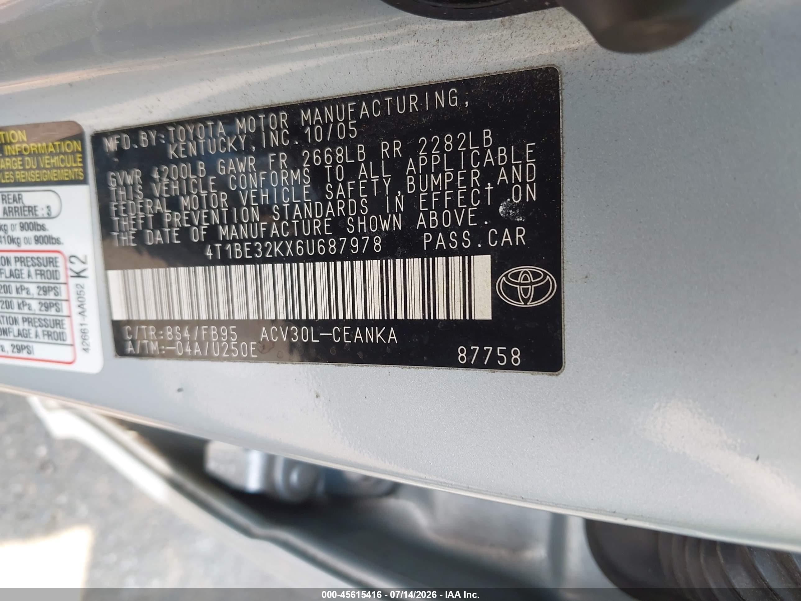 2006 Toyota Camry Le Gray vin: 4T1BE32KX6U687978