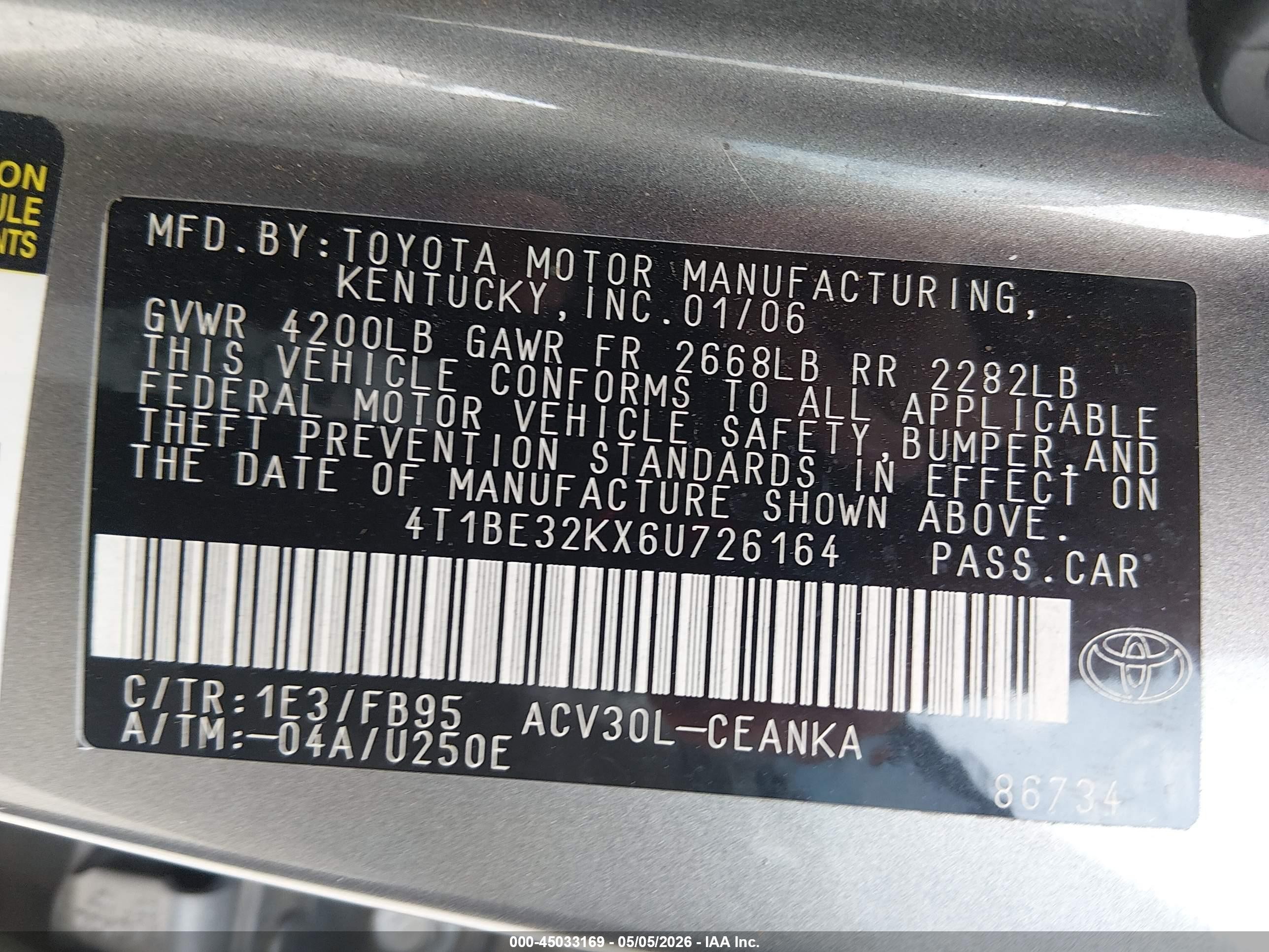 2006 Toyota Camry Le Gray vin: 4T1BE32KX6U726164