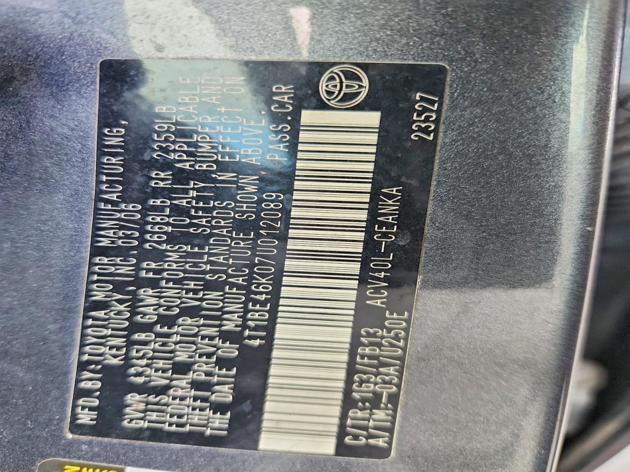 2007 Toyota Camry Le Серый vin: 4T1BE46K07U012089