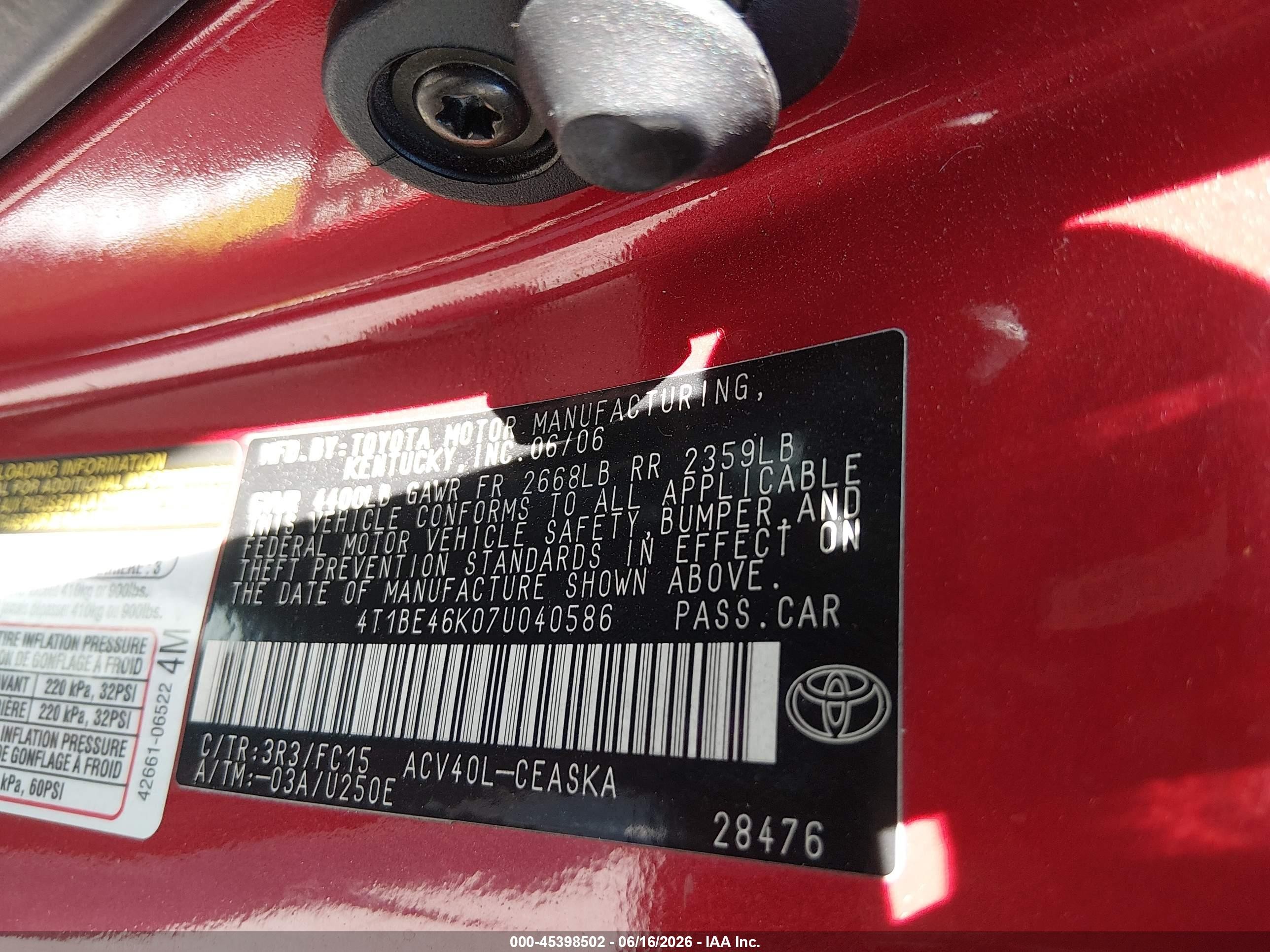 2007 Toyota Camry Se Red vin: 4T1BE46K07U040586