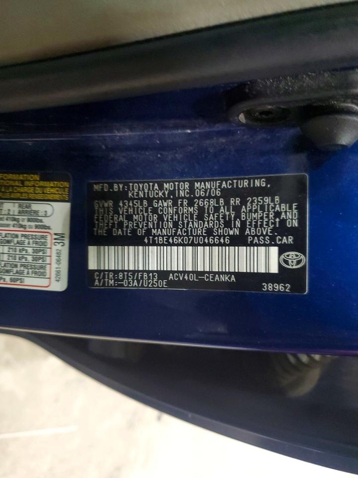 2007 Toyota Camry Le Blue vin: 4T1BE46K07U046646