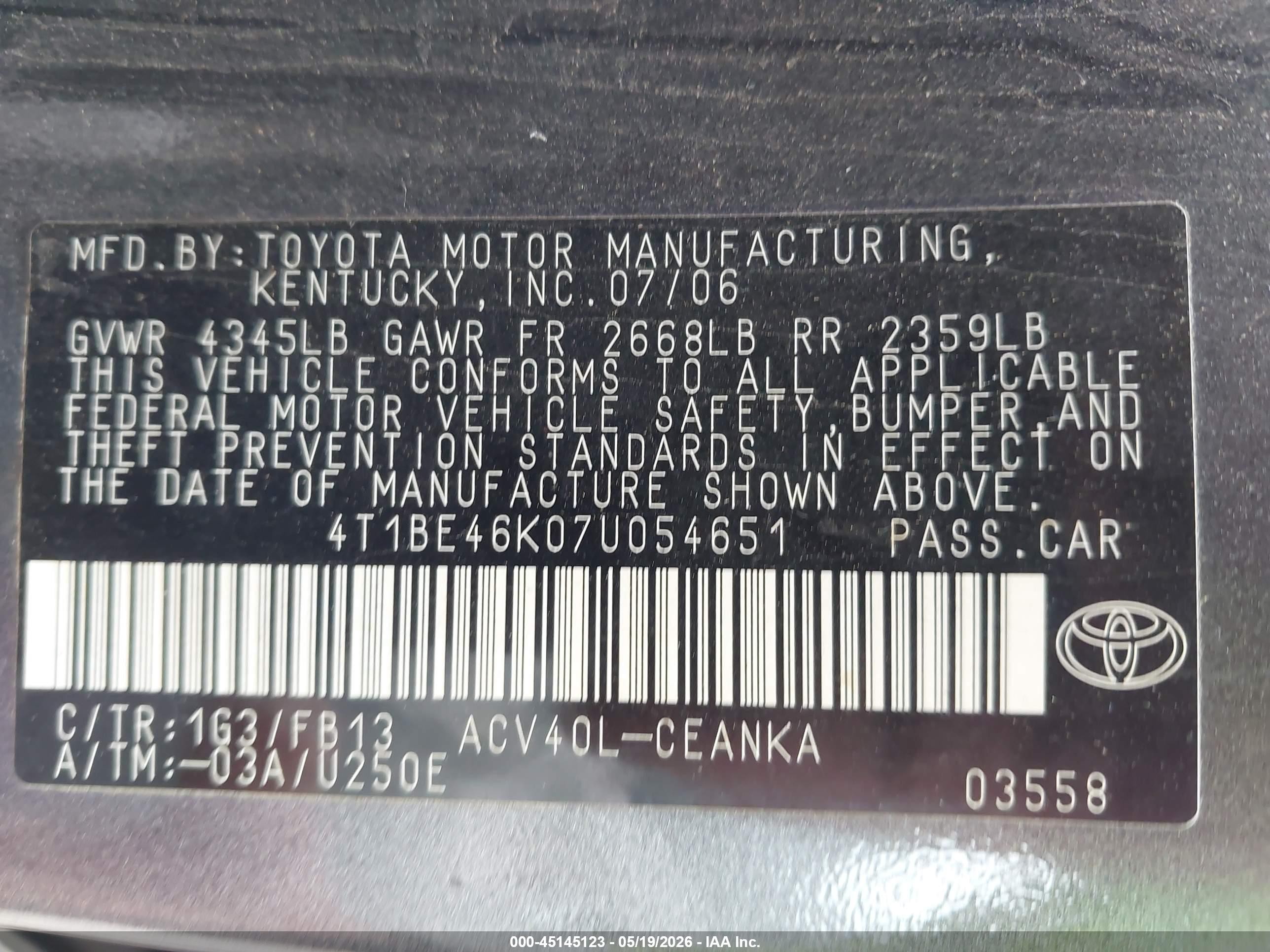 2007 Toyota Camry Le Gray vin: 4T1BE46K07U054651