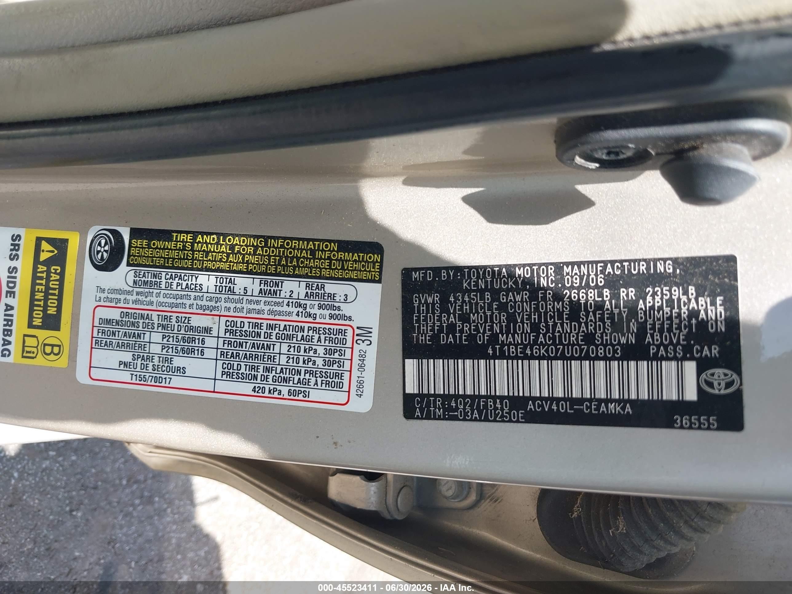 2007 Toyota Camry Le Gold vin: 4T1BE46K07U070803