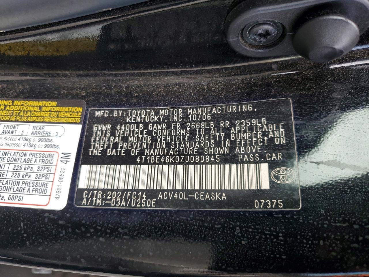 2007 Toyota Camry Se Black vin: 4T1BE46K07U080845