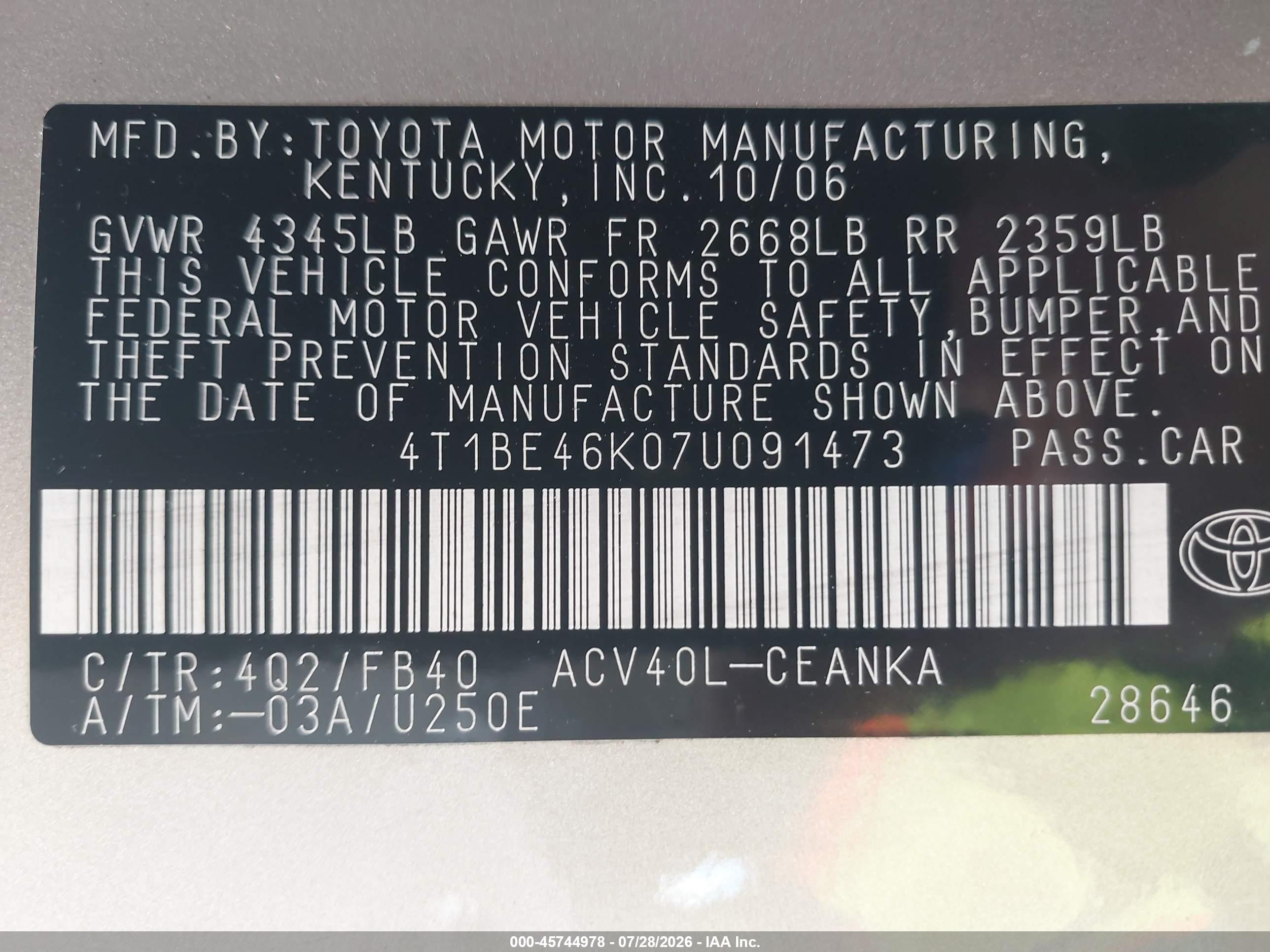 2007 Toyota Camry Le Tan vin: 4T1BE46K07U091473