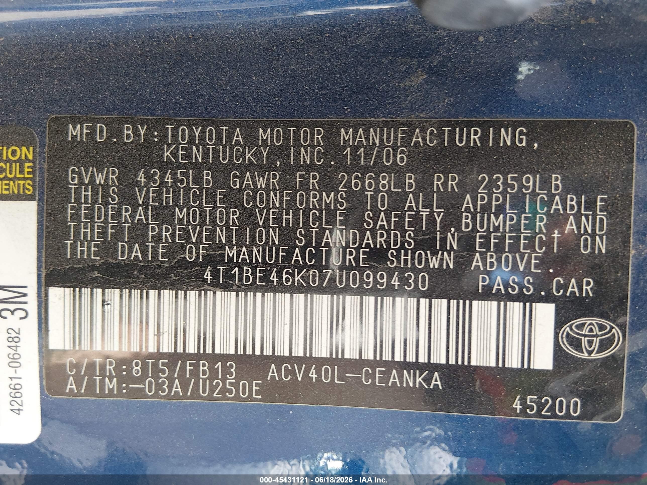 2007 Toyota Camry Le Blue vin: 4T1BE46K07U099430