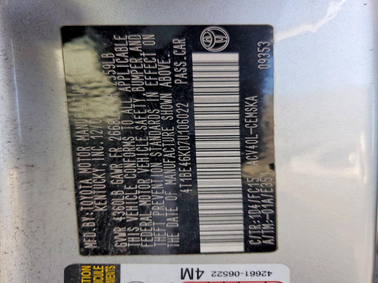 2007 Toyota Camry Se Серебряный vin: 4T1BE46K07U106022