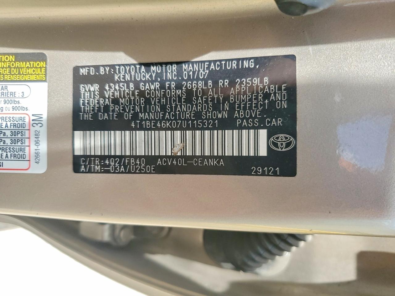2007 Toyota Camry Le Tan vin: 4T1BE46K07U115321